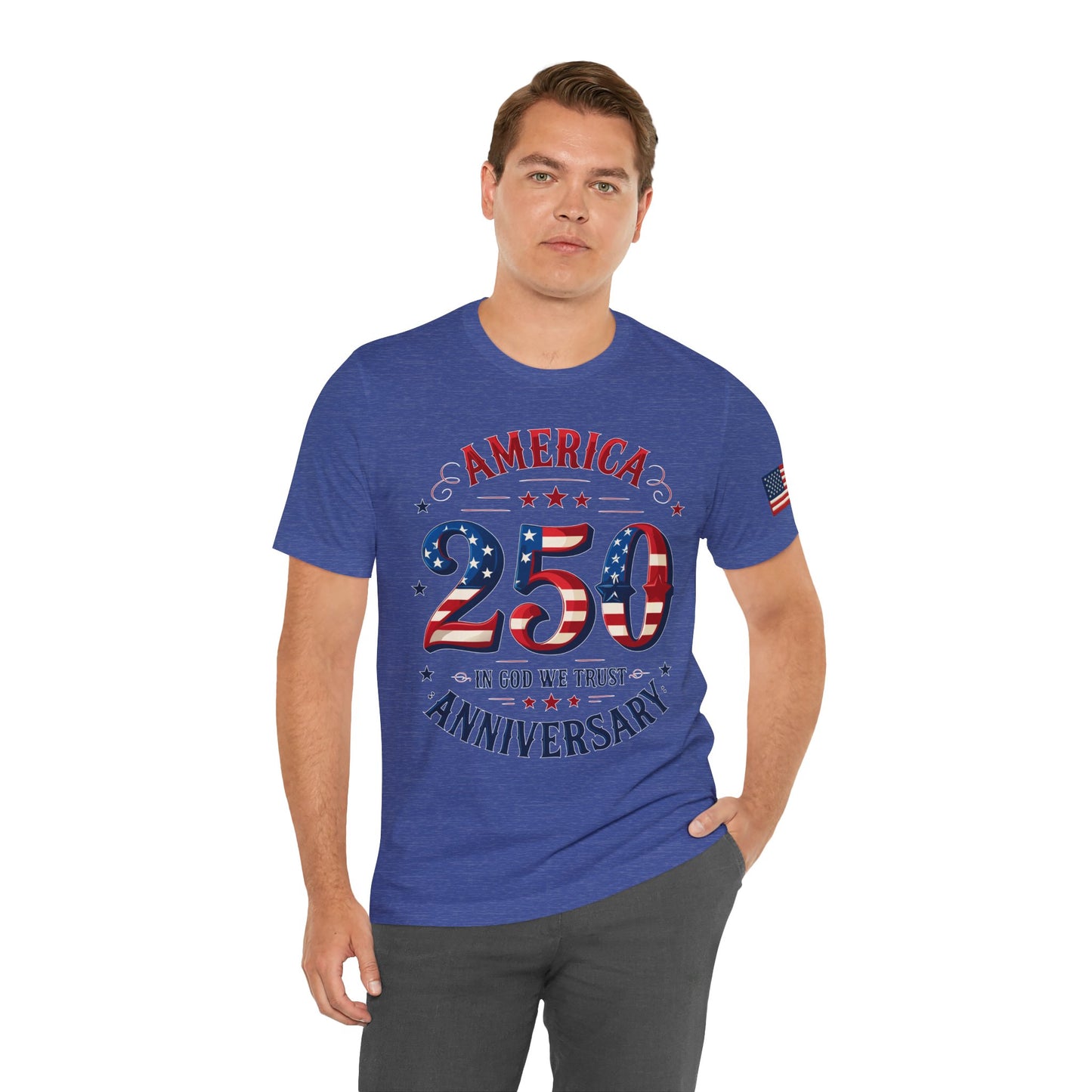 Man wearing a blue t-shirt with 'America 250th Anniversary' design 