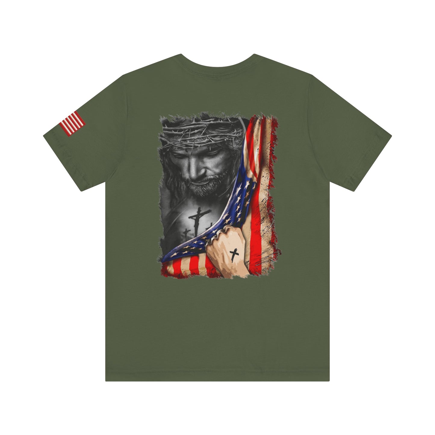 Green t-shirt back with a graphic design of Jesus with a cross and American flag