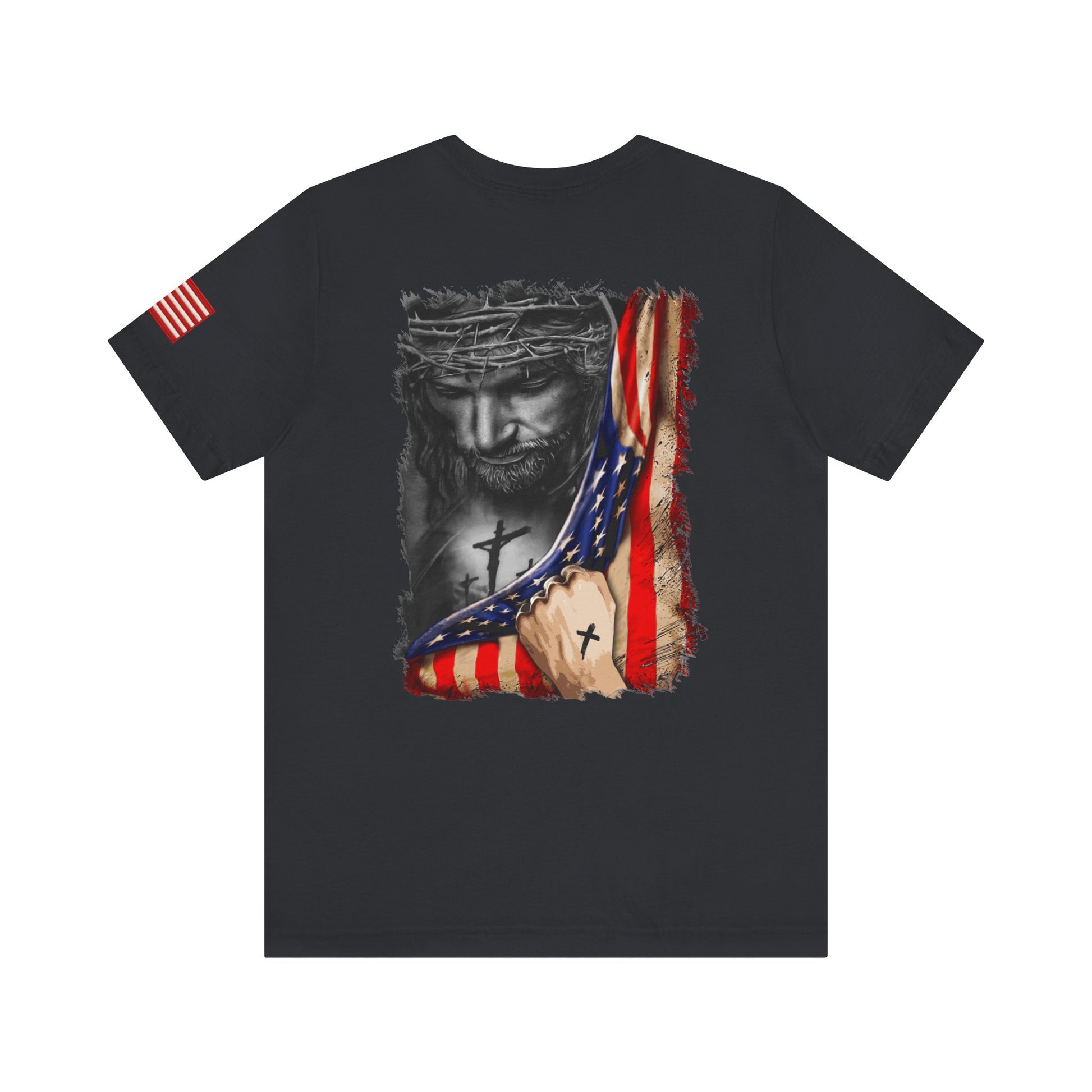 Black t-shirt back with a graphic design of Jesus with a cross and American flag