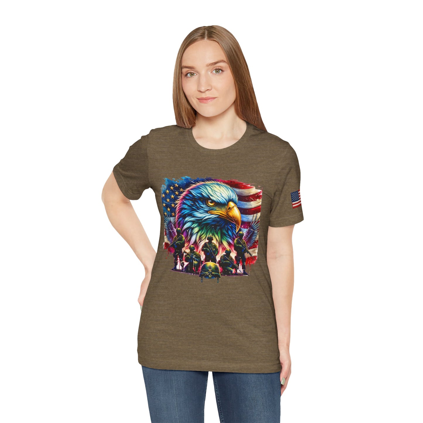 Woman wearing a green t-shirt with an eagle and flag design