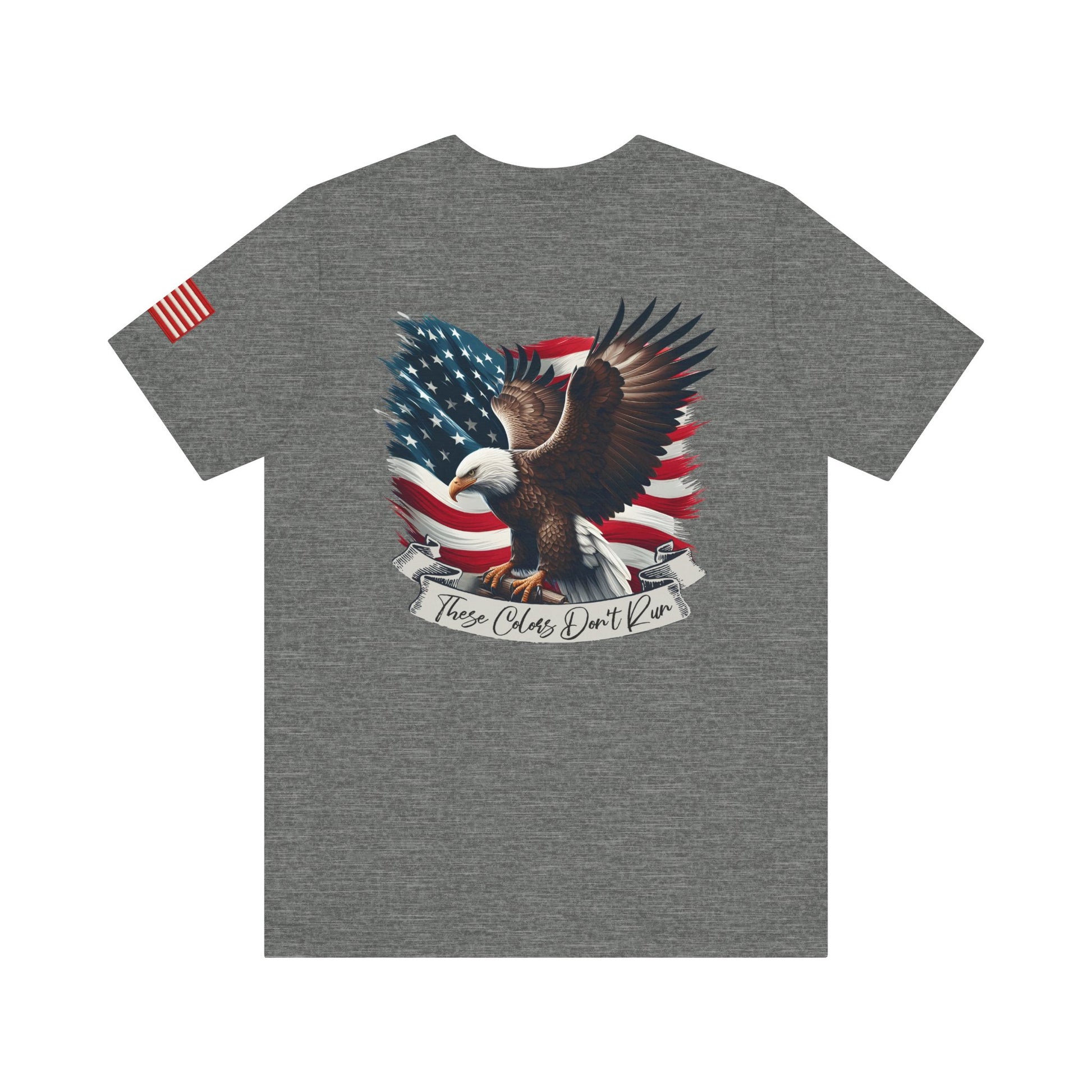Grey t-shirt back with an eagle and American flag design "These Colors Don't Run"