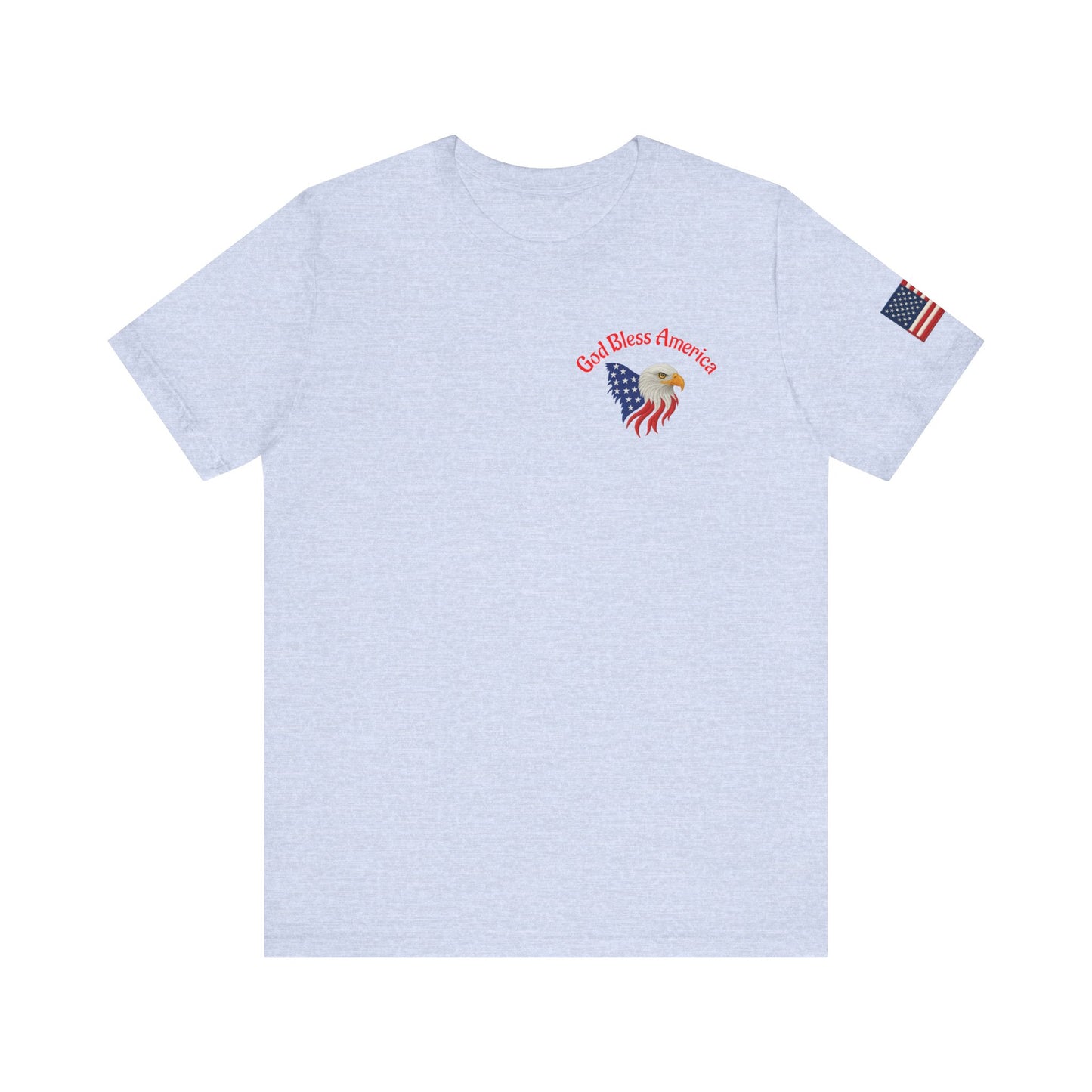 Light blue t-shirt with 'God Bless America' and American flag design