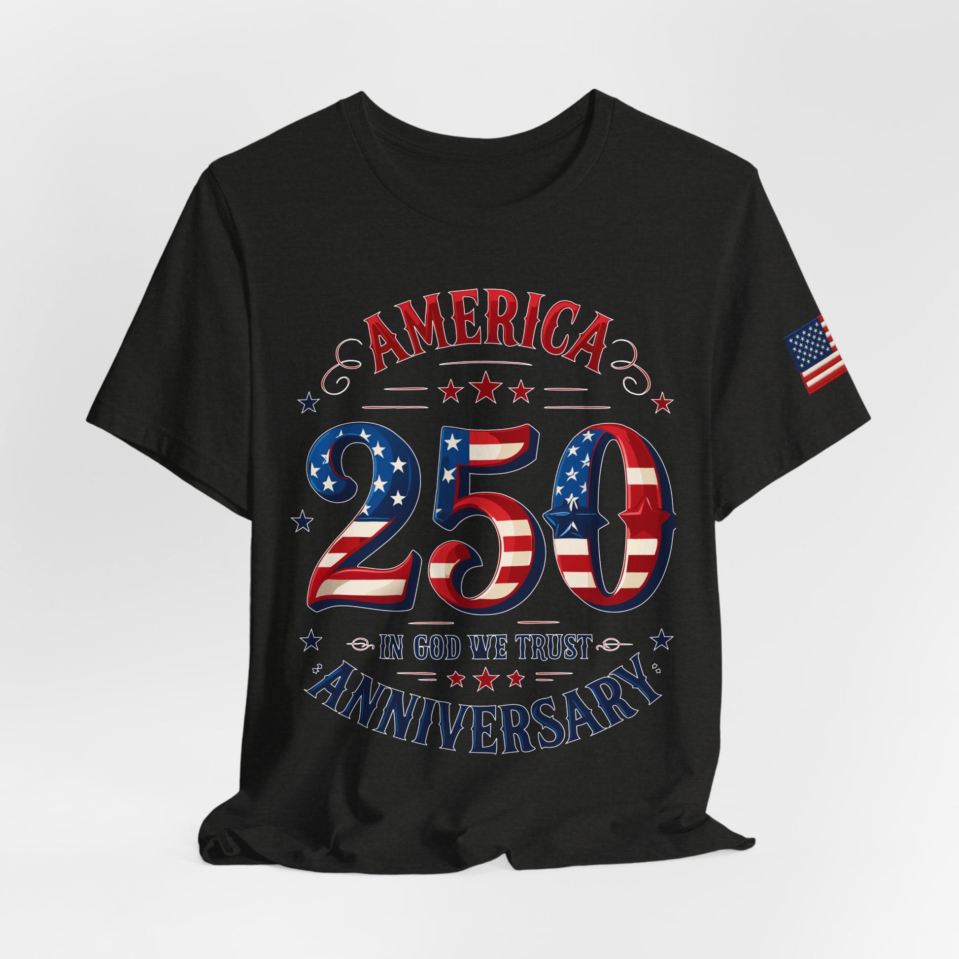 Black t-shirt with American-themed design celebrating America's 250th anniversary