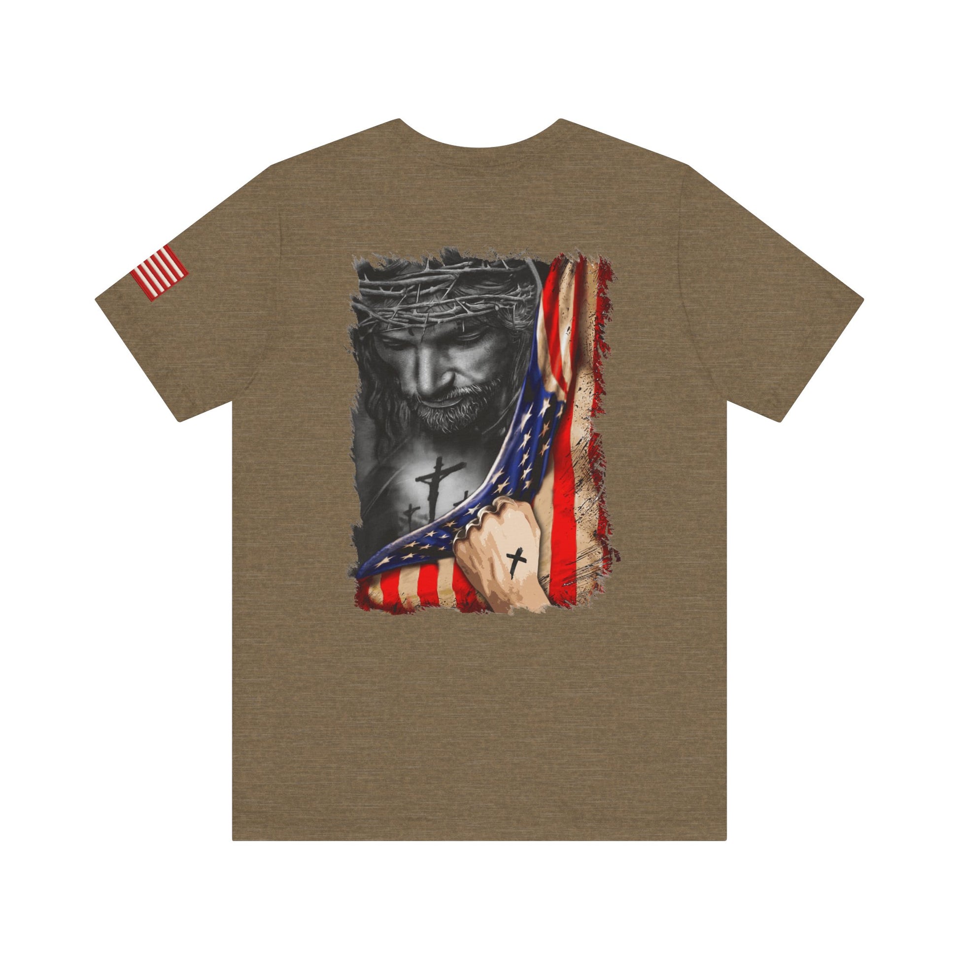 Brown t-shirt back with a graphic design of Jesus with a cross and American flag