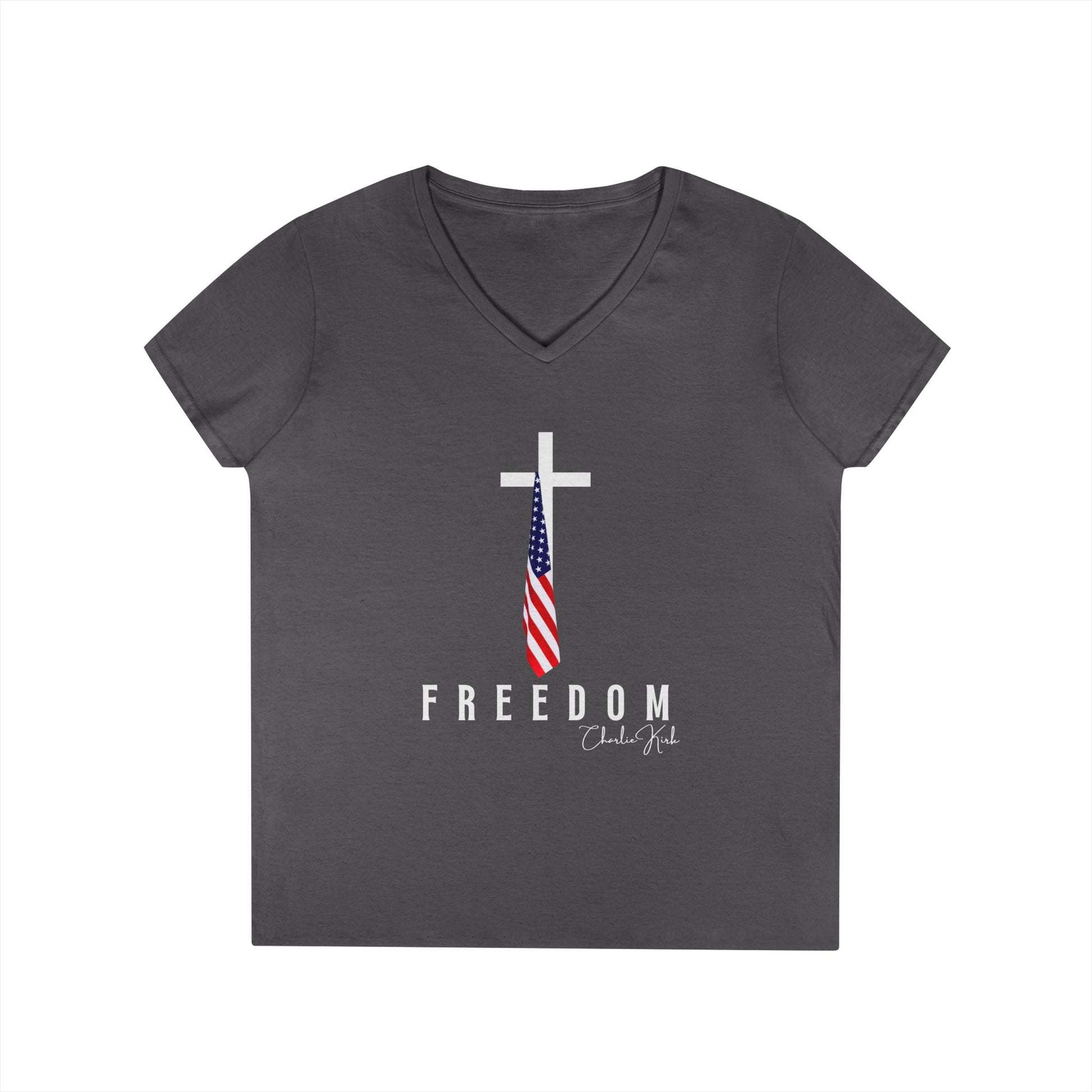 Dark gray t-shirt with a cross and American flag design on a white background