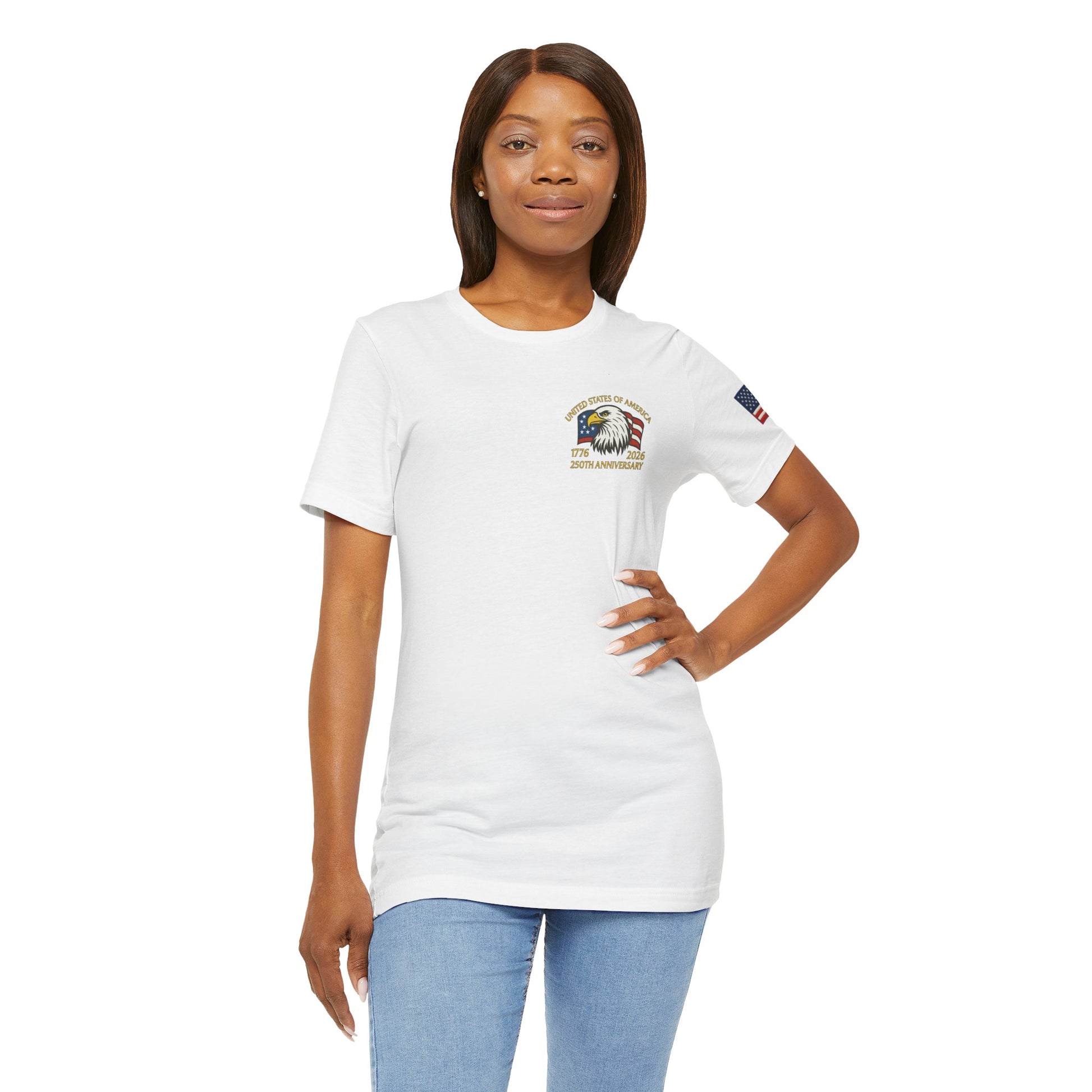 Woman wearing a white t-shirt with a logo