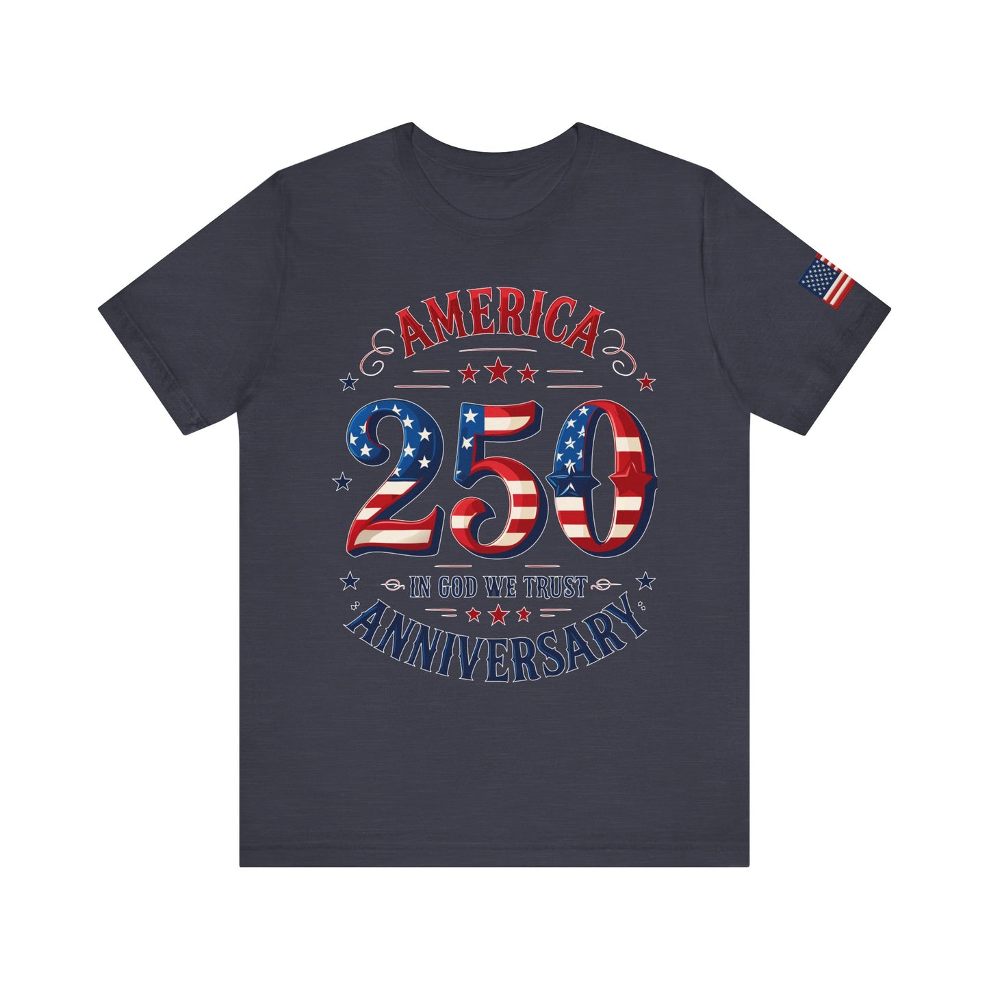 Navy blue t-shirt with 'America 250' design featuring American flag elements