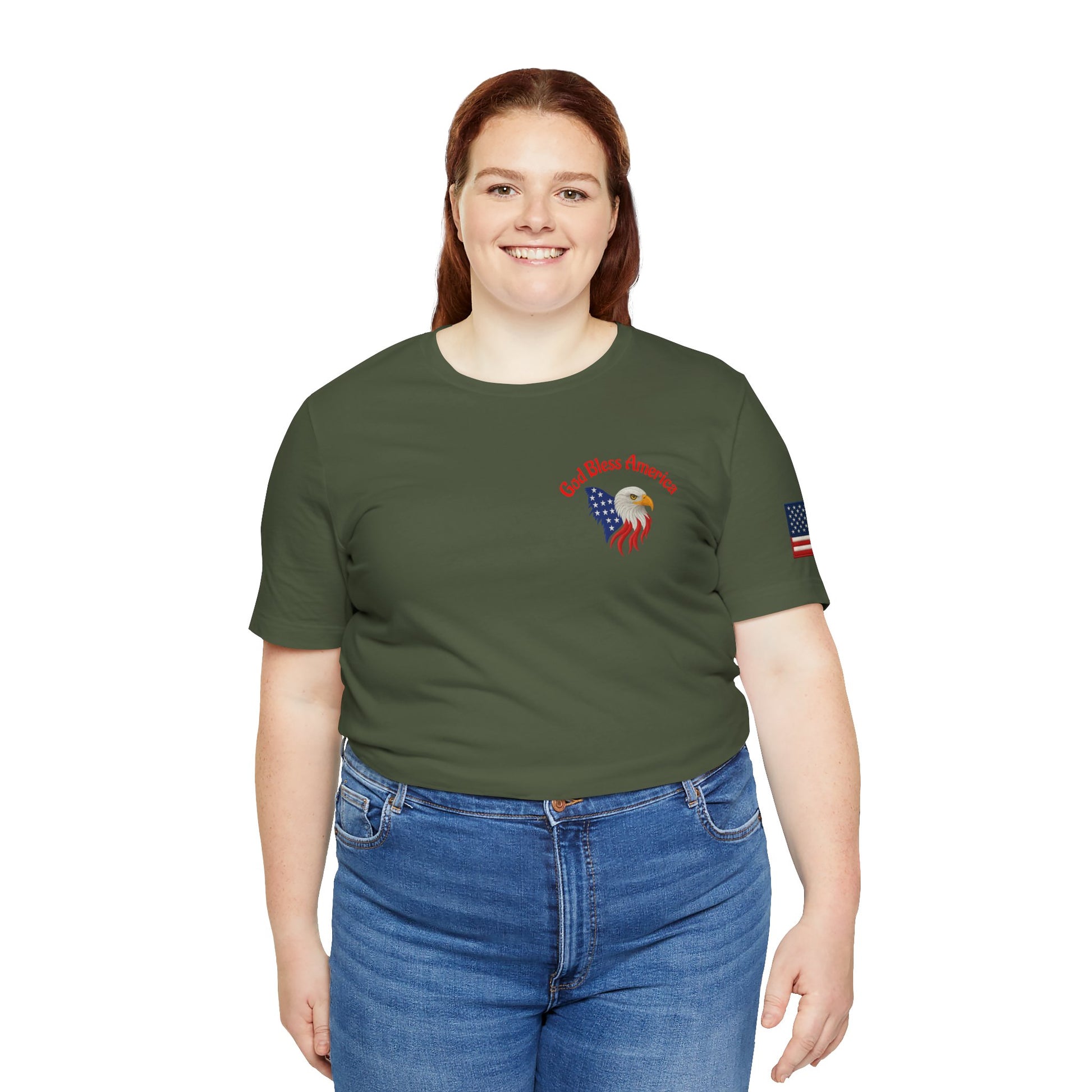 Girl wearing a green t-shirt with a graphic design
