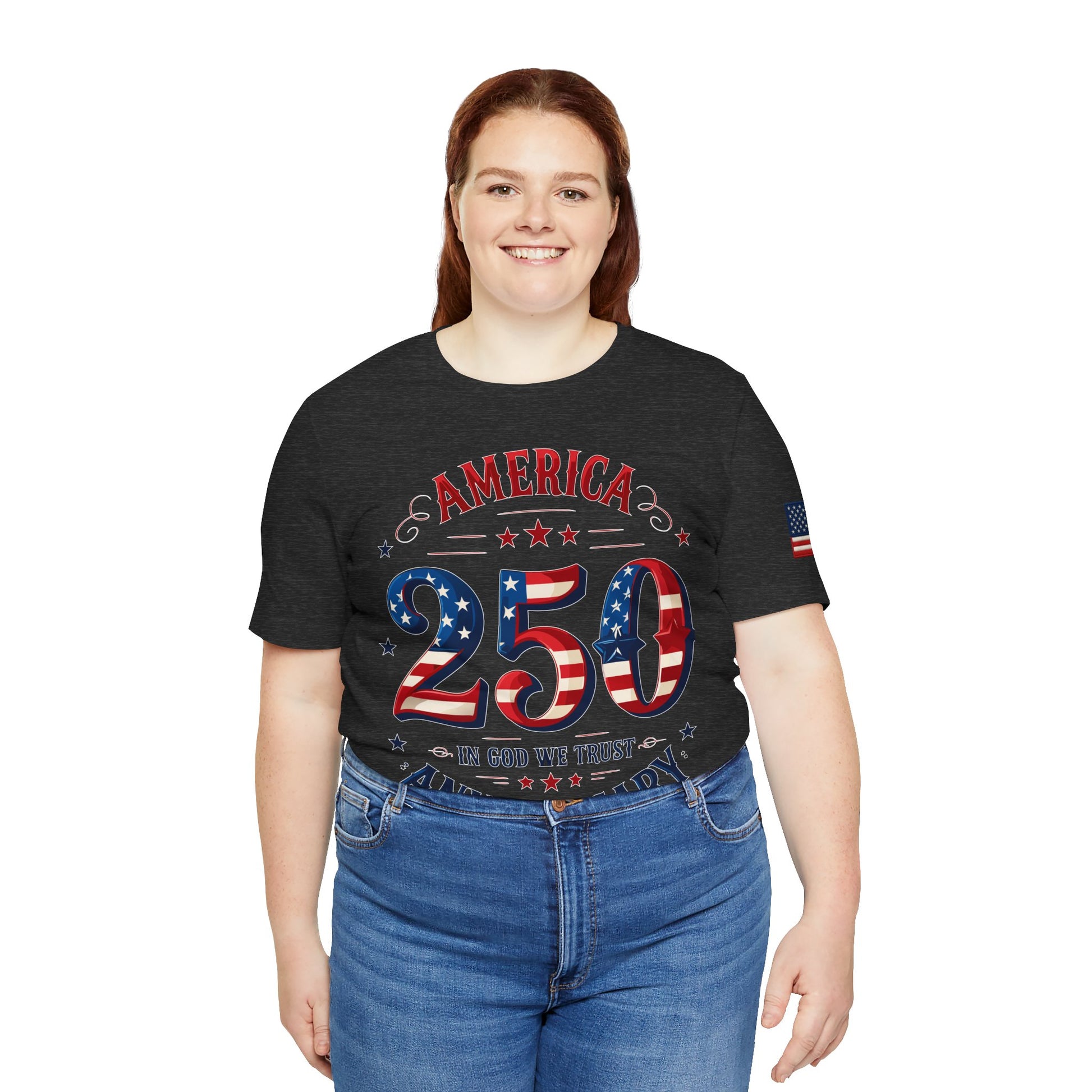 Girl wearing a black t-shirt with 'America 250' design