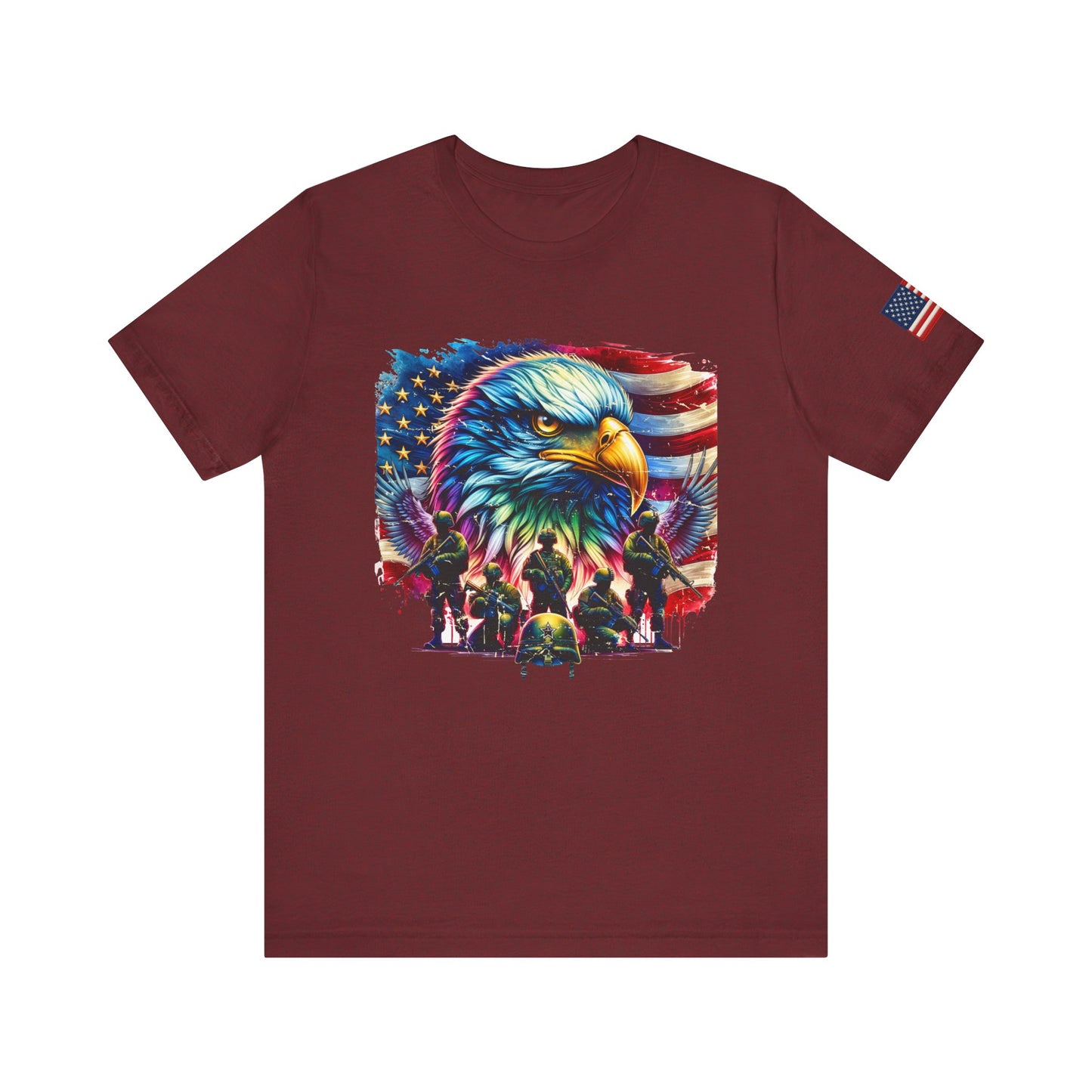 Maroon t-shirt with a colorful eagle and flag design