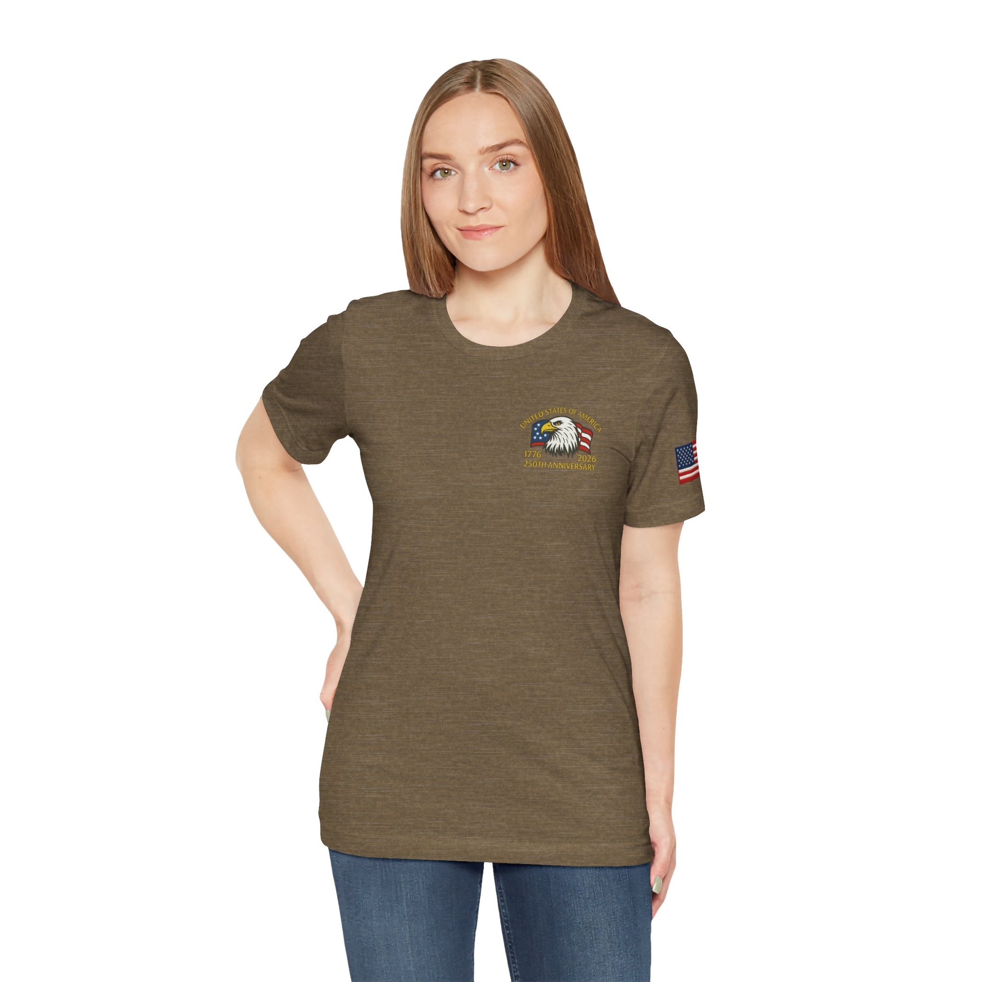 Woman wearing a green t-shirt with an eagle emblem
