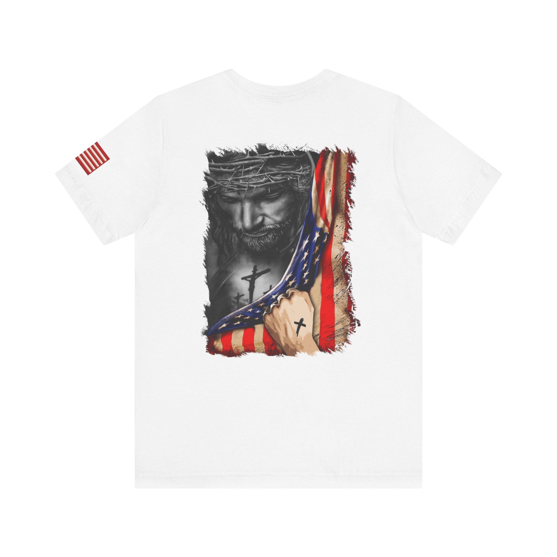 White t-shirt back with a graphic design of Jesus with a cross and American flag