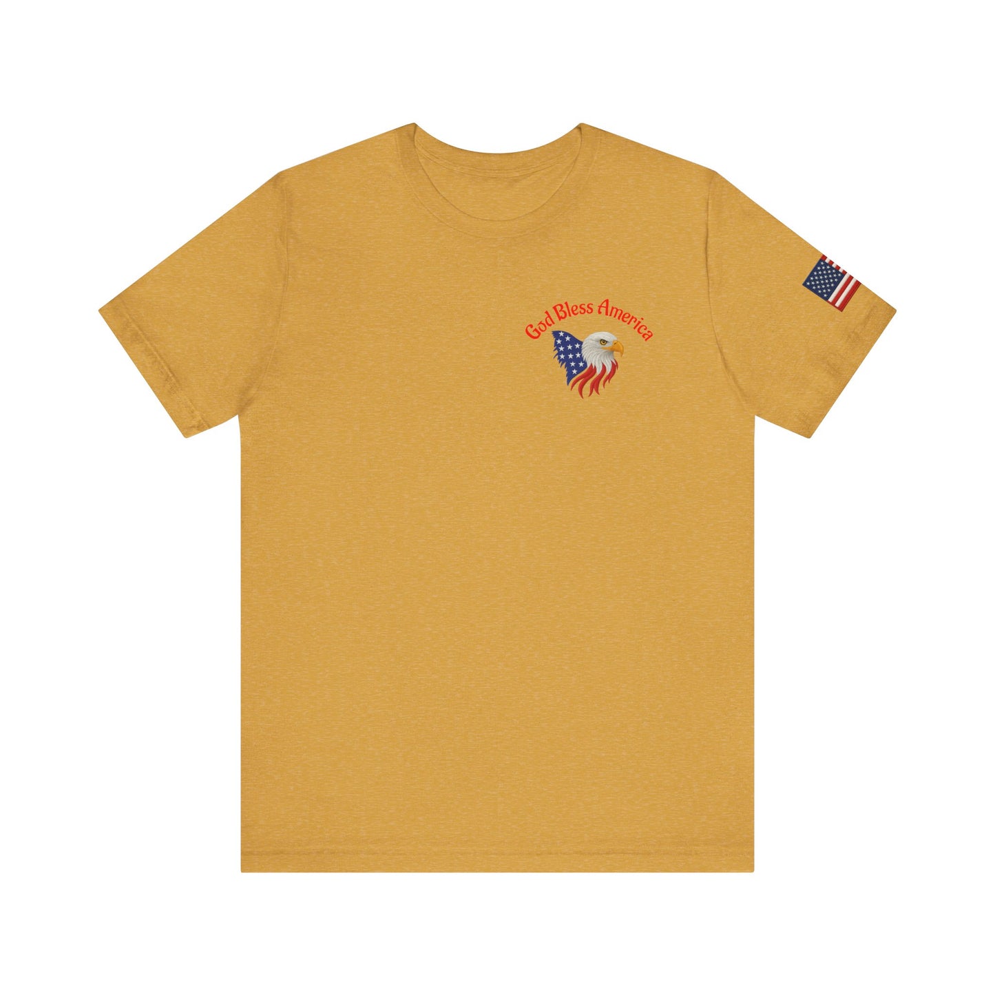 Yellow t-shirt with eagle design and 'God Bless America' text