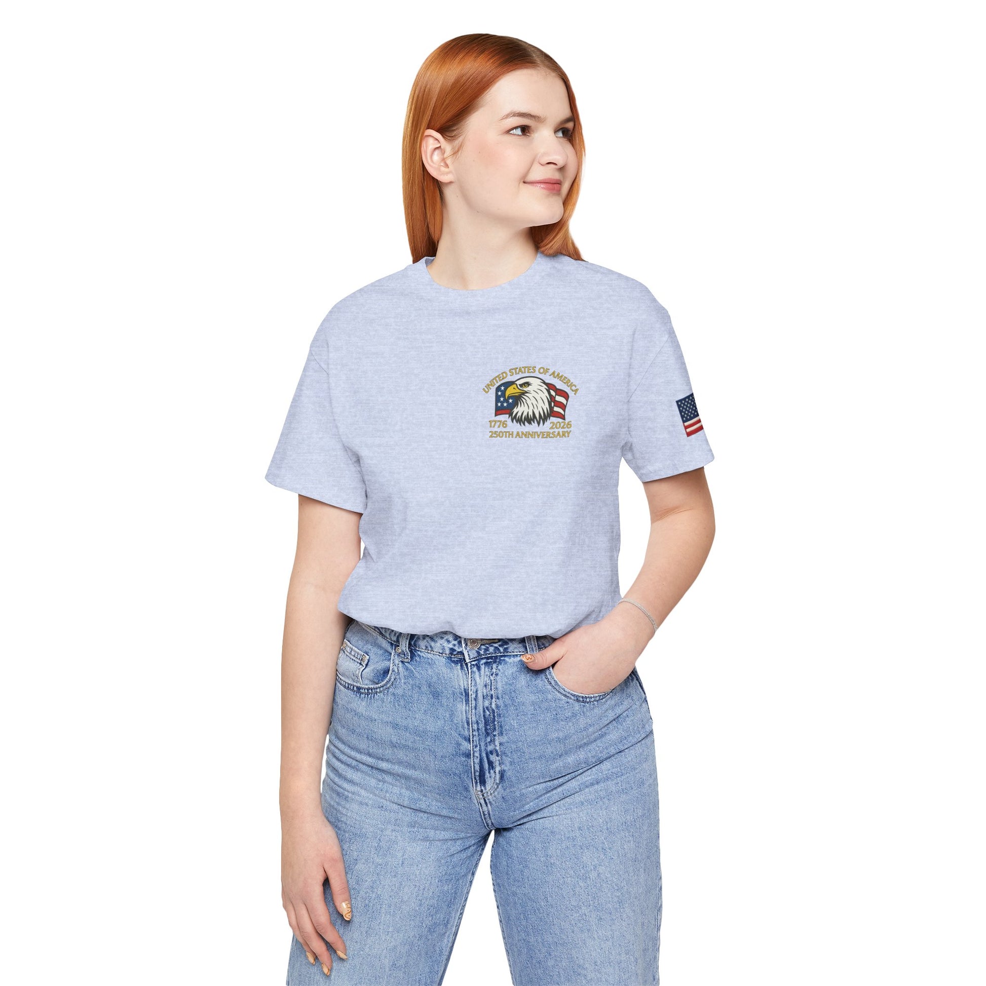 Girl wearing a light blue t-shirt with a graphic design on a white background