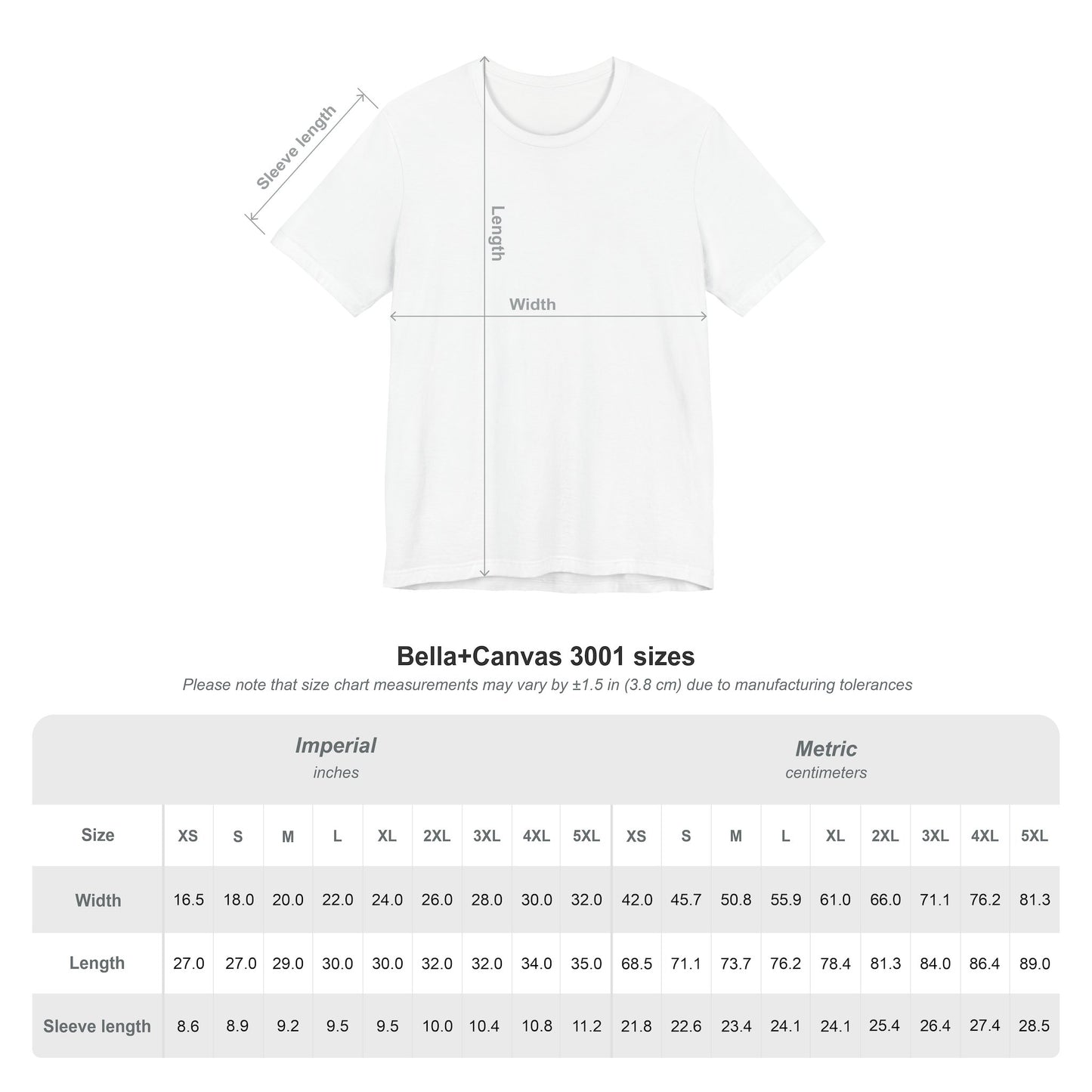 White t-shirt with measurement chart