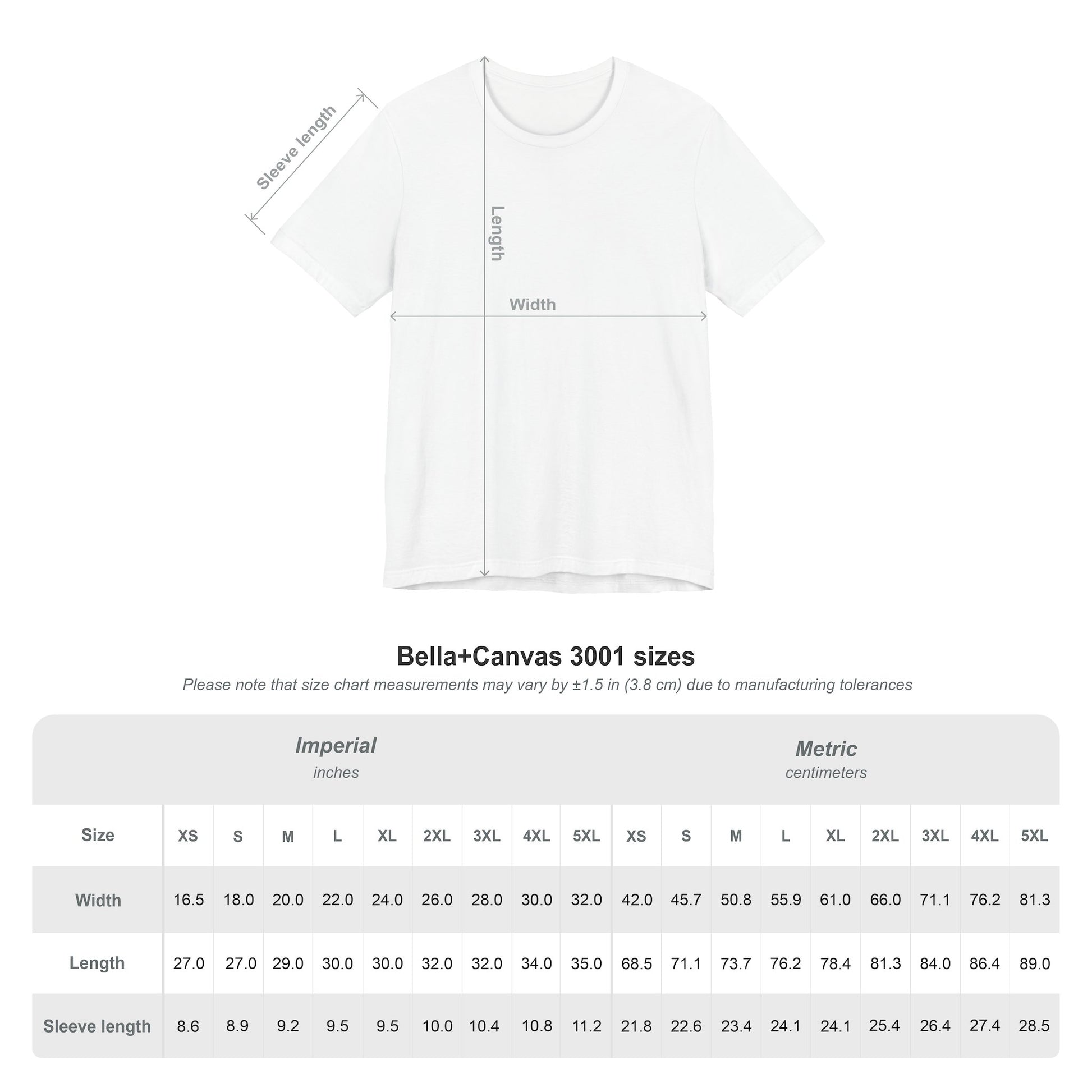 White t-shirt with measurement chart