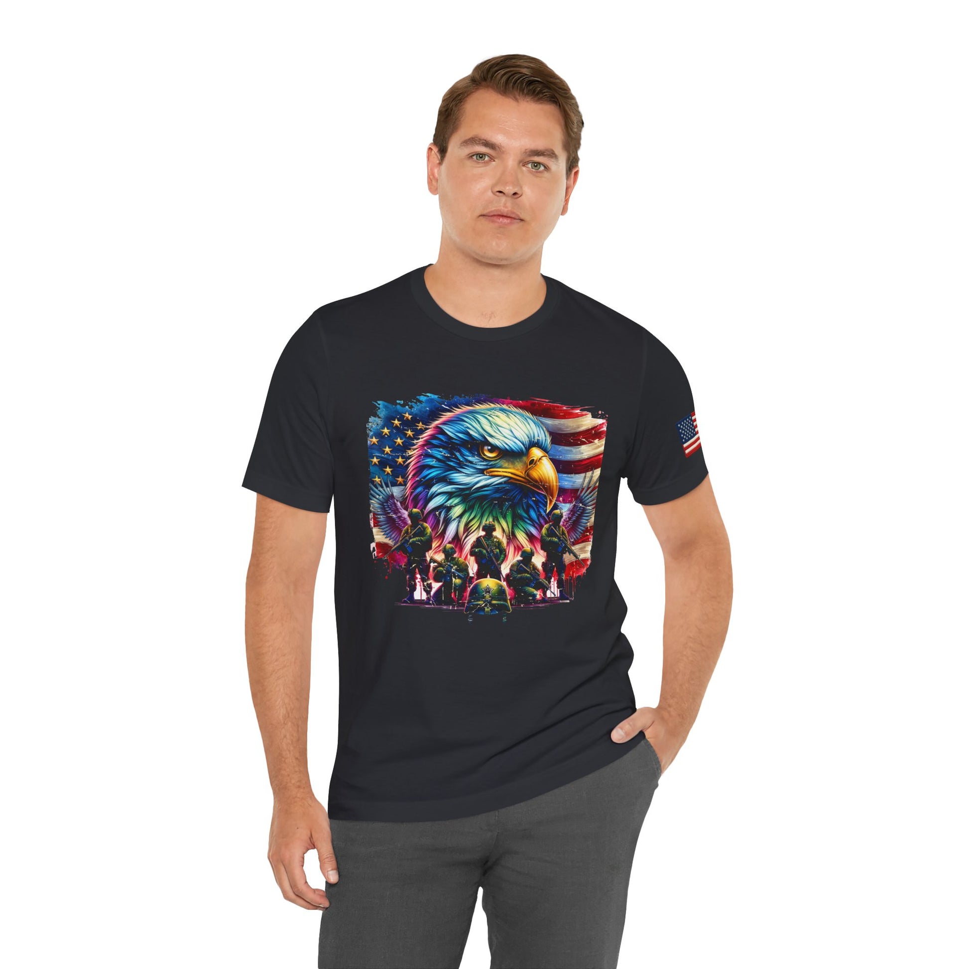 Man wearing a black t-shirt with a colorful eagle design