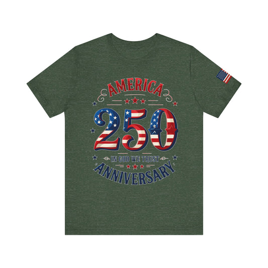 Green t-shirt with 'America 250th Anniversary' design