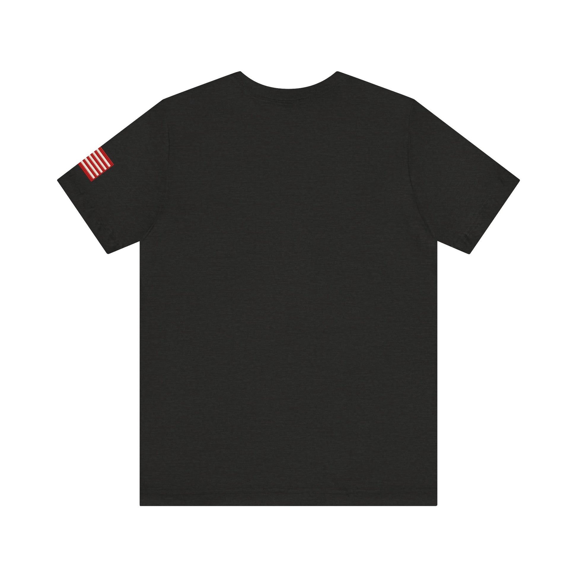 Black t-shirt back with a small red and white flag on the sleeve