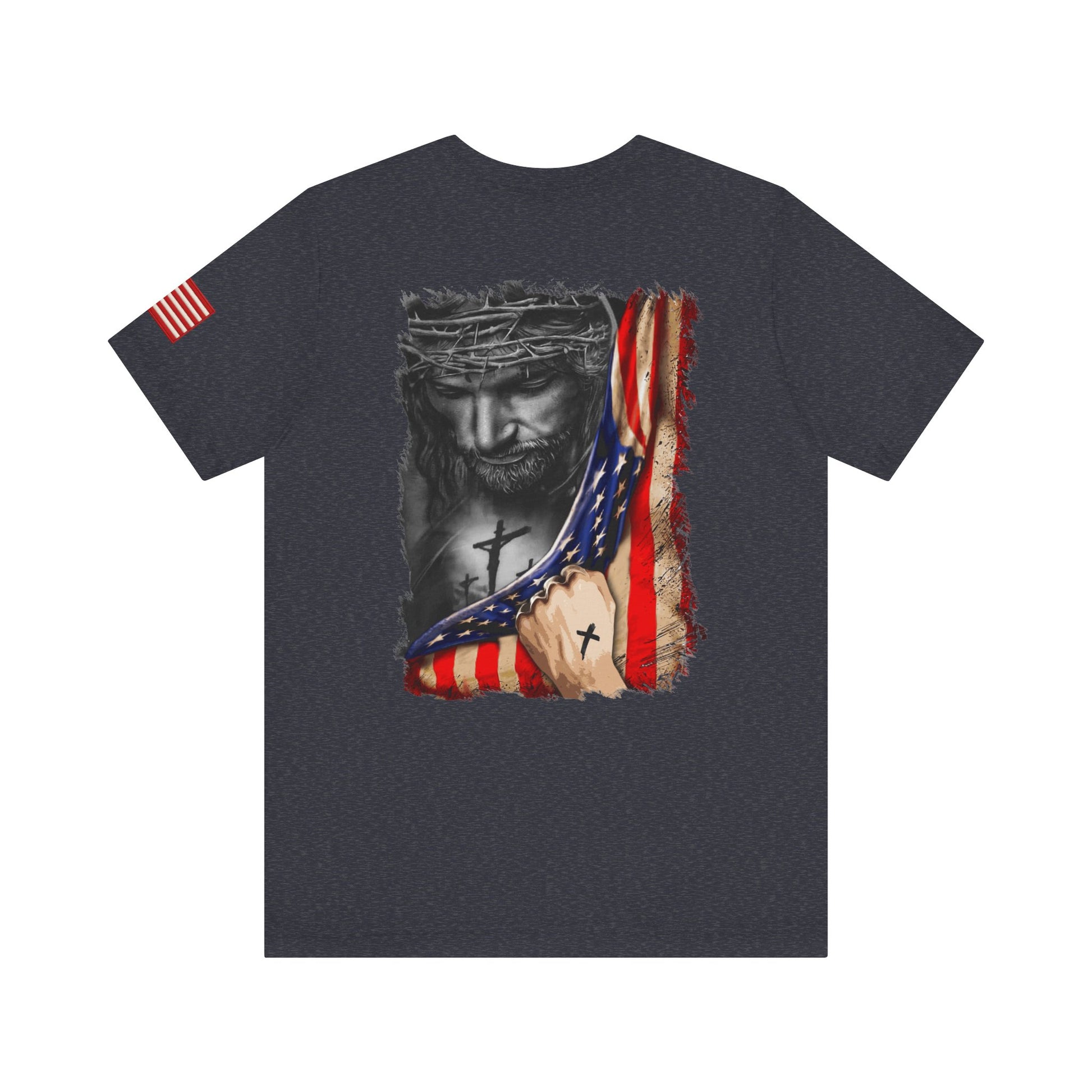 Dark Blue t-shirt back with a graphic design of Jesus with a cross and American flag