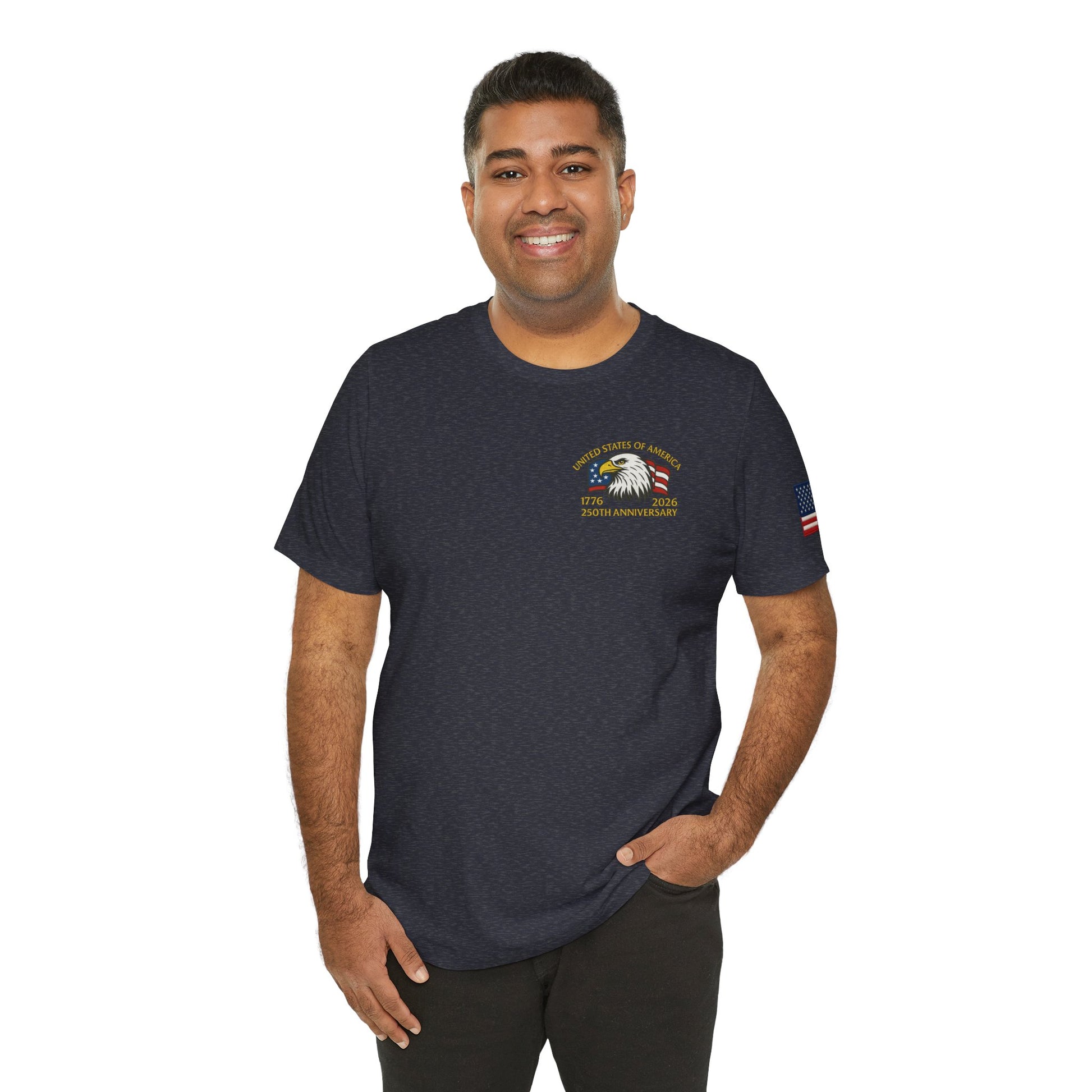 Man wearing a navy blue t-shirt with a logo