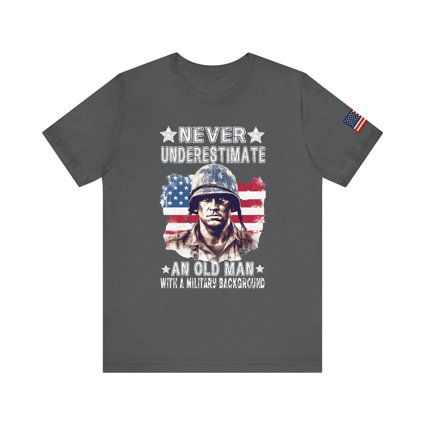 Gray t-shirt with military-themed graphic and text