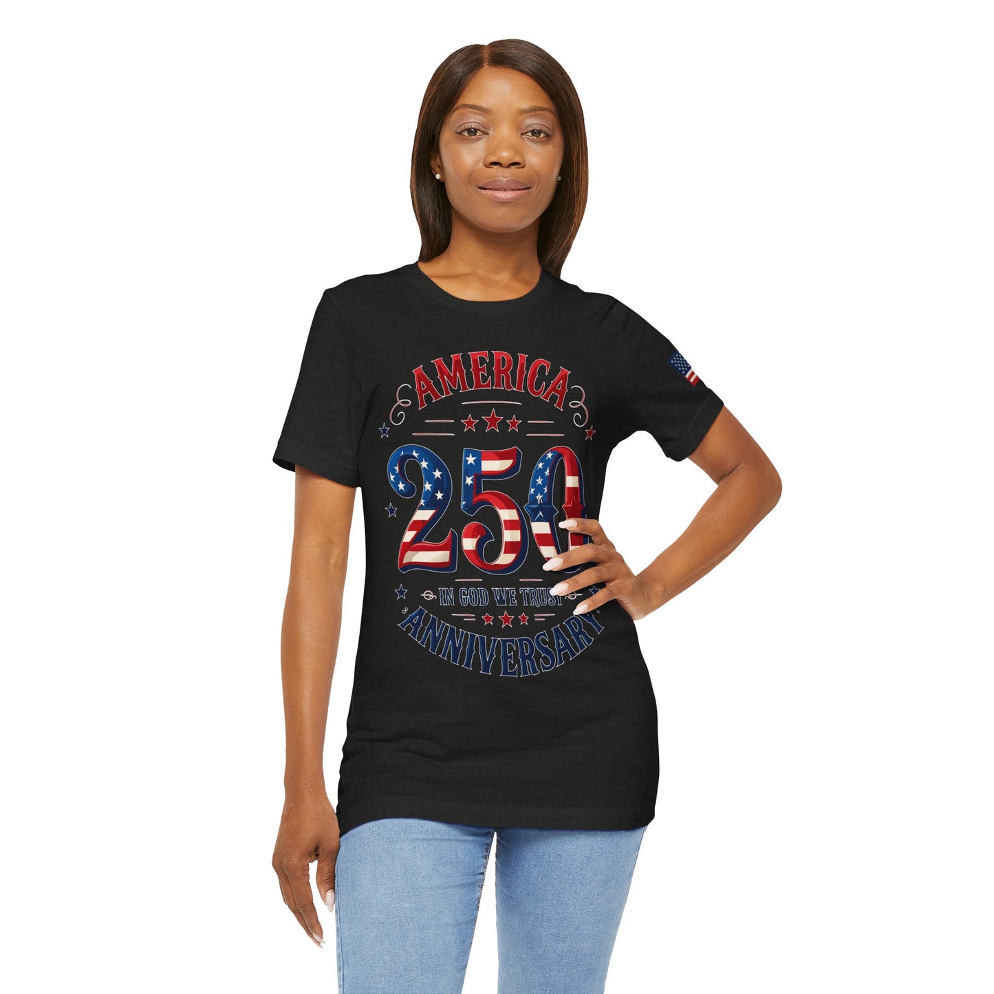 Woman wearing a black t-shirt with 'America 250' design