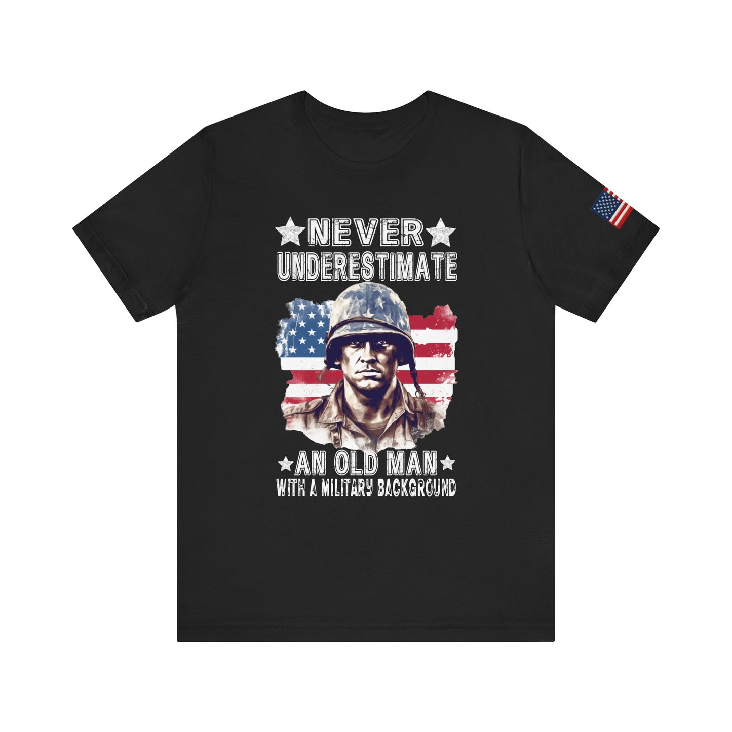 Black t-shirt with a graphic of a soldier and American flag, text 'Never Underestimate an Old Man with a Military Background'