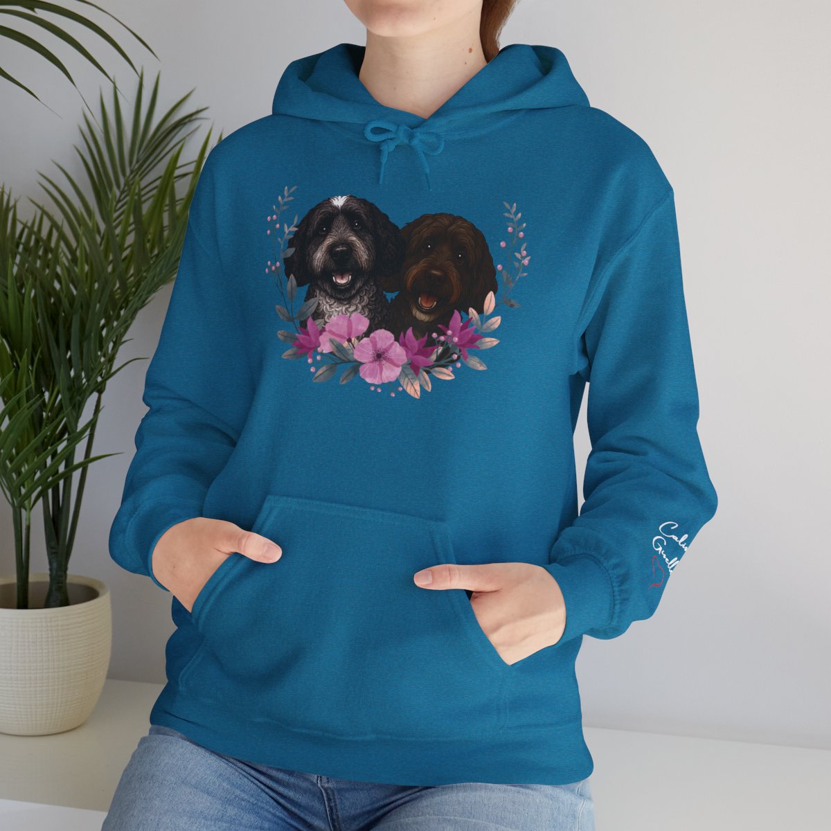Custom pet crewneck sweatshirt pet portrait print front and names on sleeve unisex heavy blend