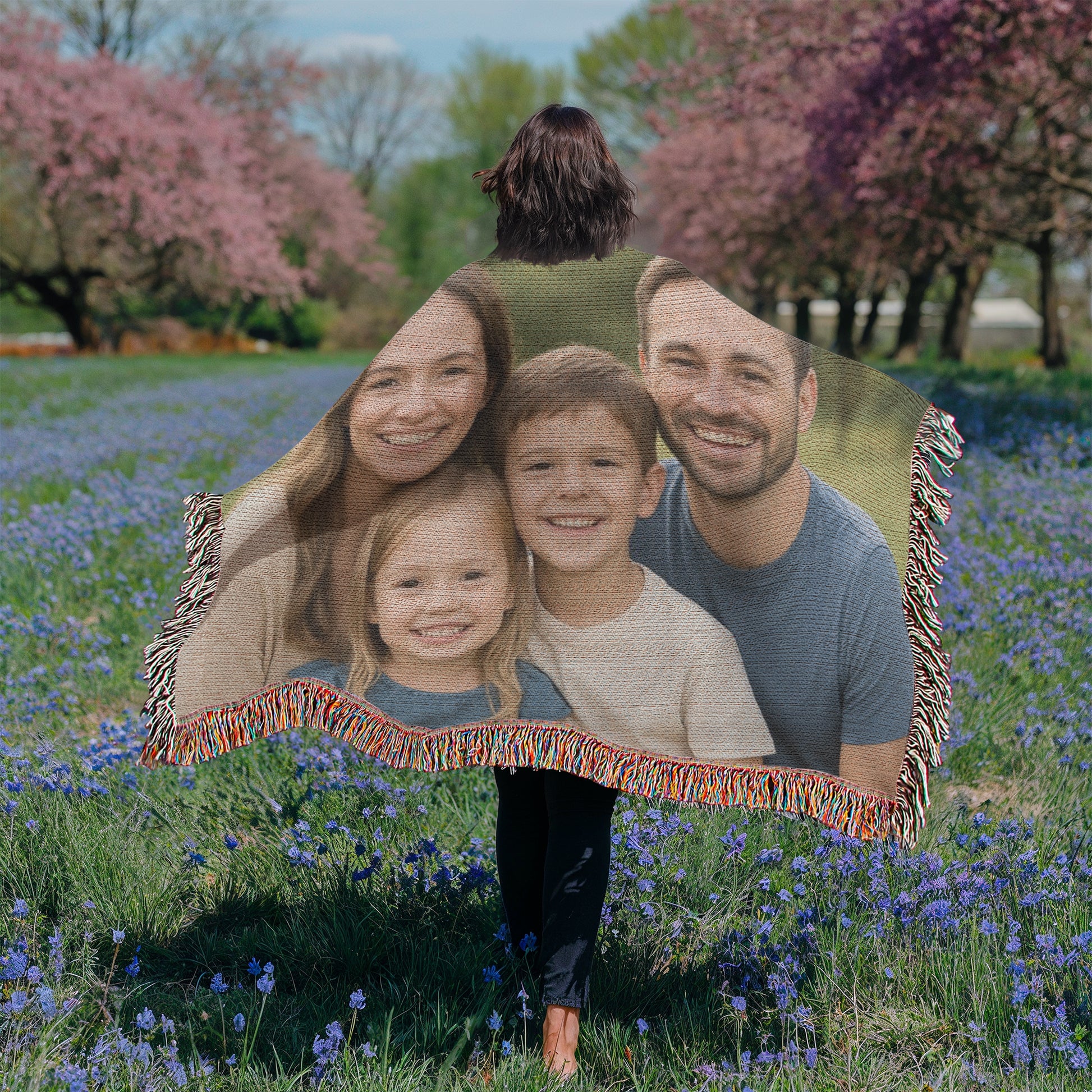 Personalized heirloom woven photo blanket with custom artwork