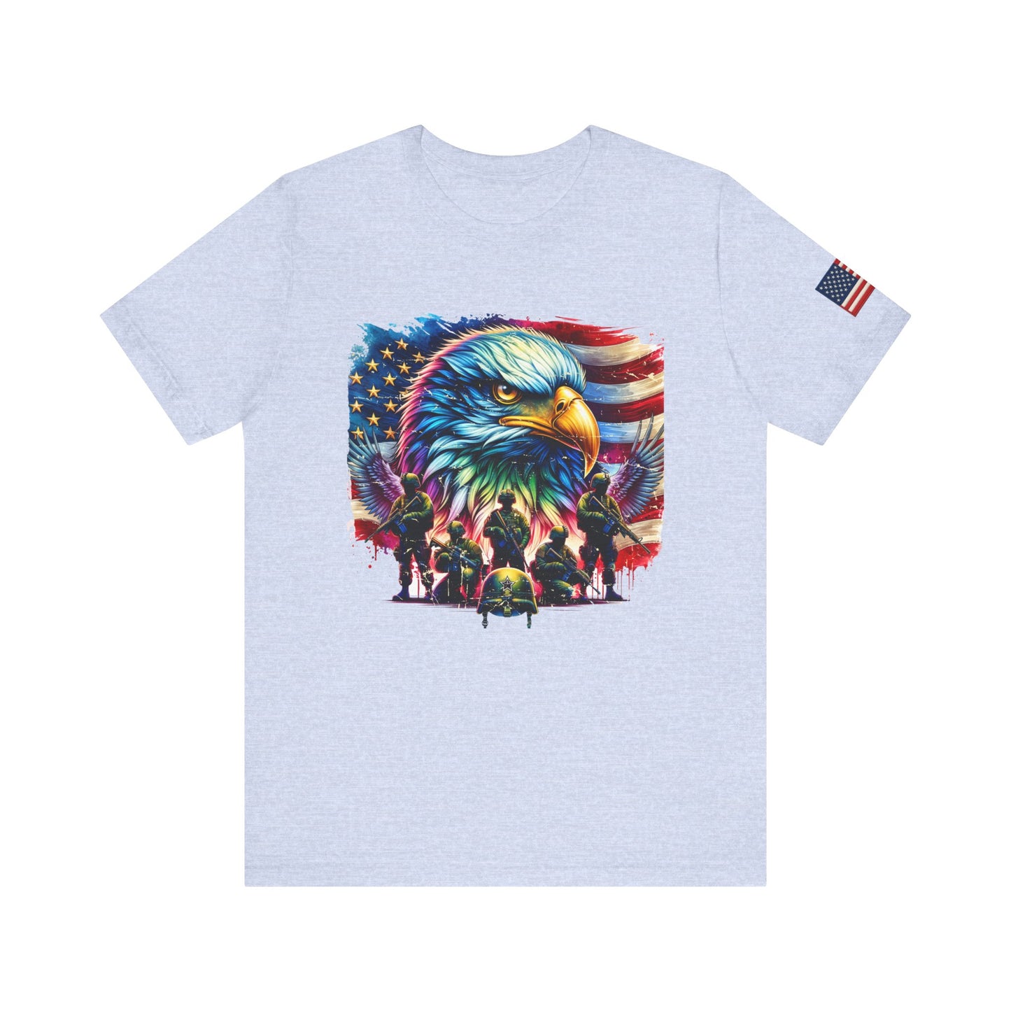Light blue t-shirt with a colorful eagle and flag design