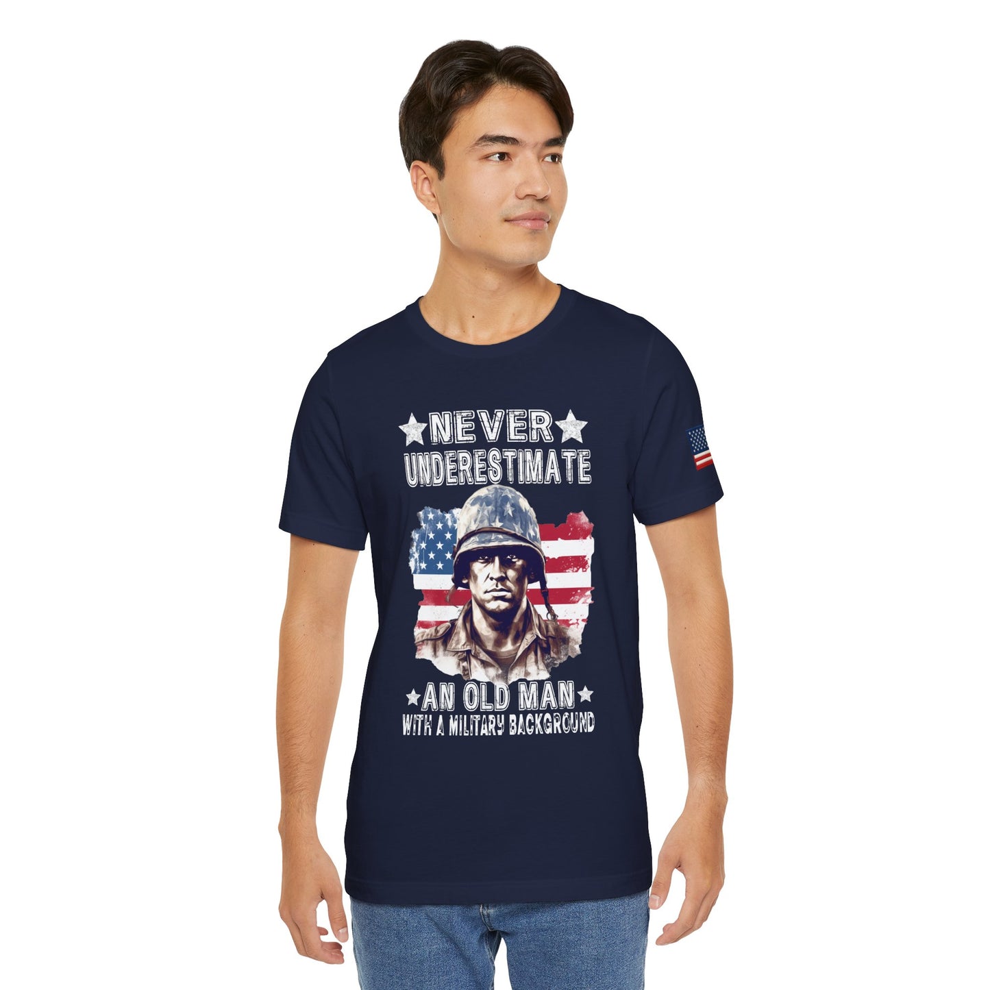 Man wearing a navy blue t-shirt with a graphic and text