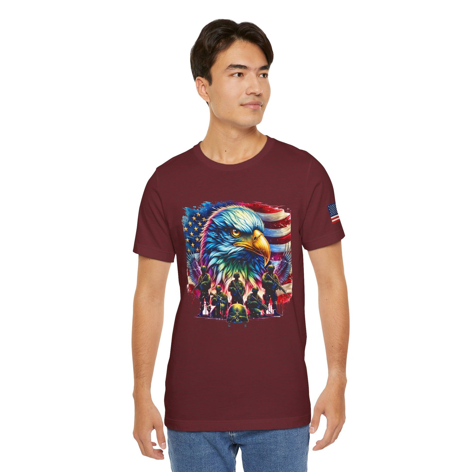 Man wearing a maroon t-shirt with a colorful eagle design