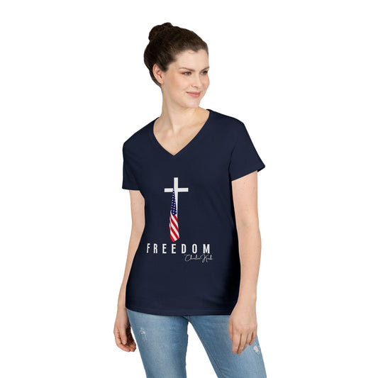 Woman wearing a navy blue t-shirt with a cross and American flag design on a white background