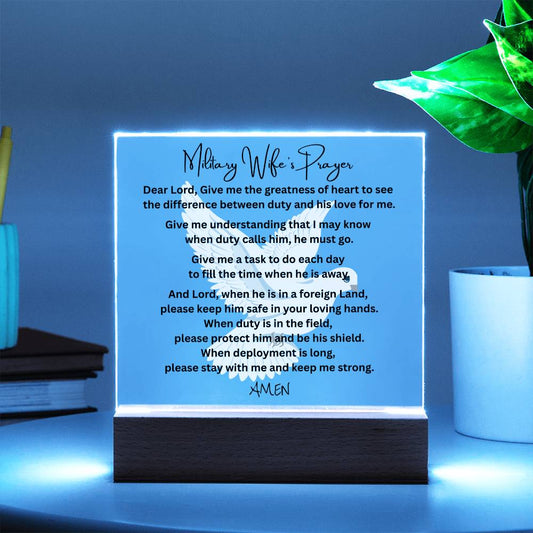 Military Wife's Prayer acrylic plaque LED wooden base tribute gift