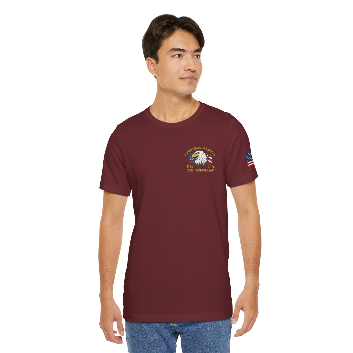 Maroon t-shirt back with an eagle and American flag design "These Colors Don't Run"