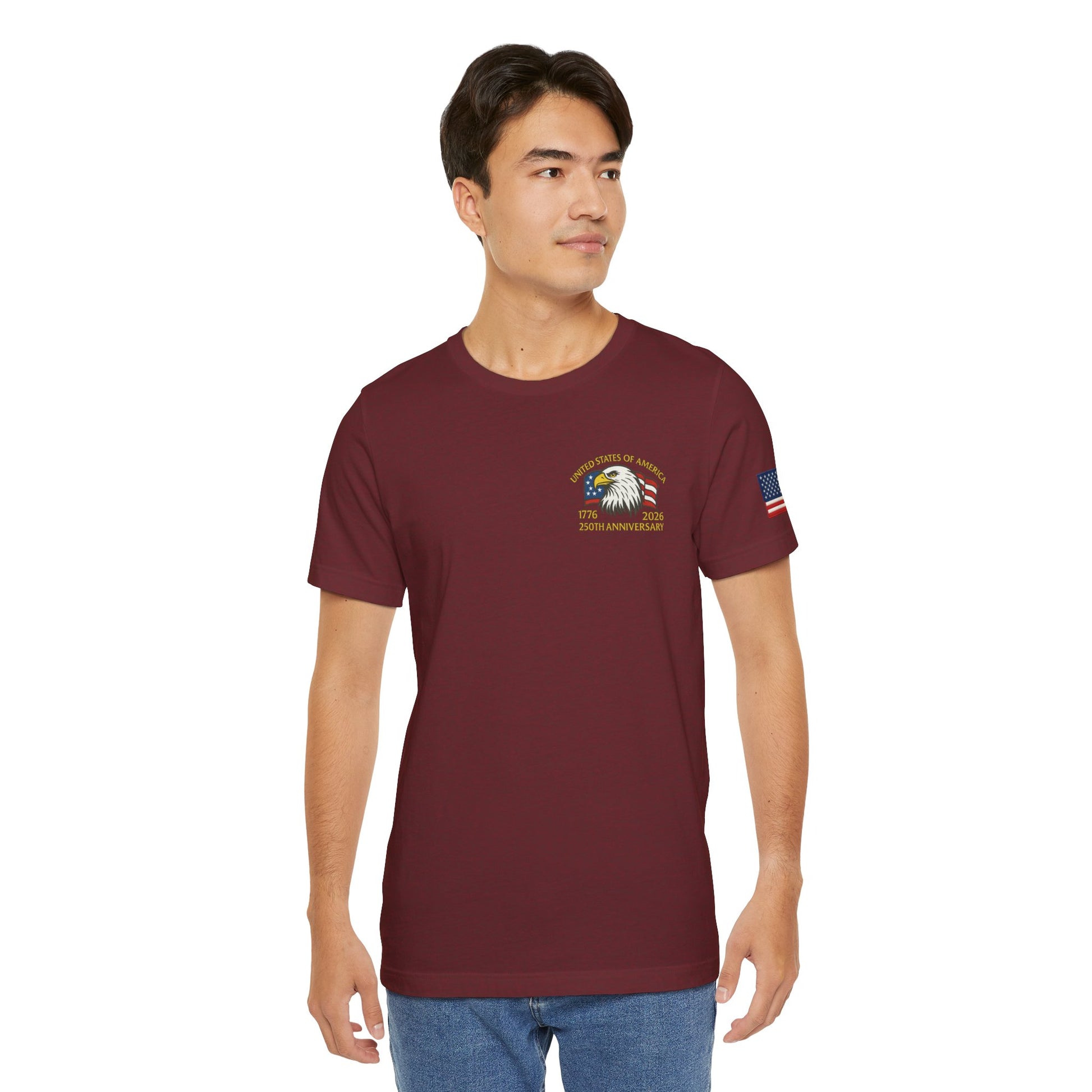 Maroon t-shirt back with an eagle and American flag design "These Colors Don't Run"