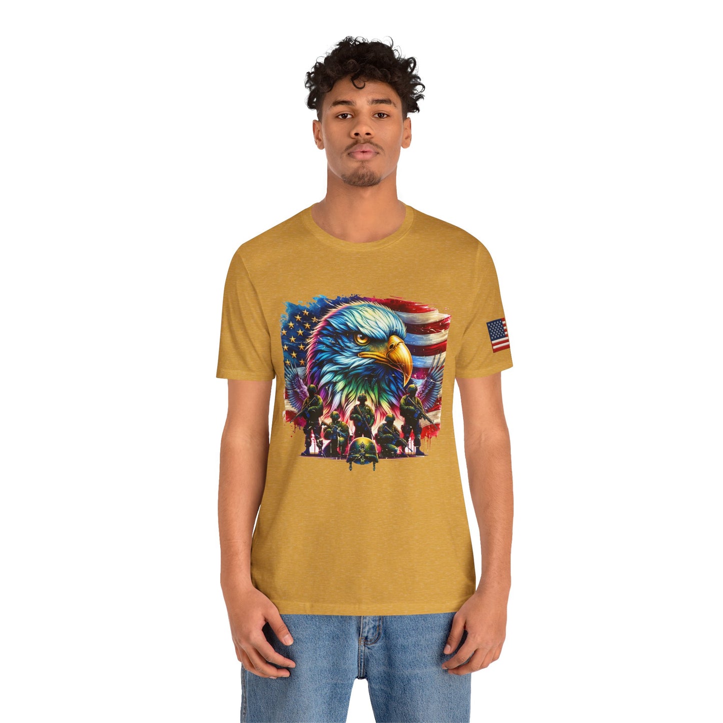 Man wearing a mustard yellow t-shirt with an eagle and American flag design