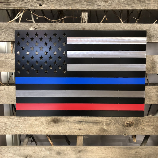 American flag with thin blue, gray, and red line on a wooden background