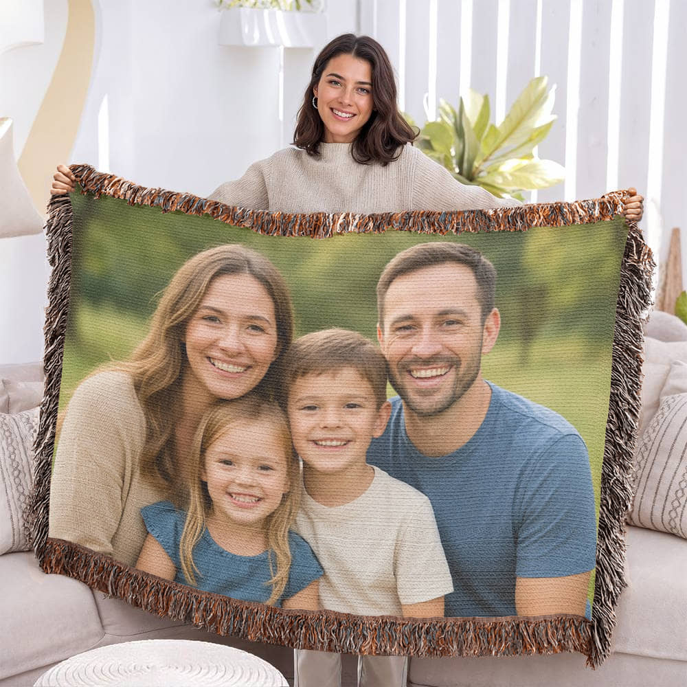 Personalized heirloom woven photo blanket with custom artwork
