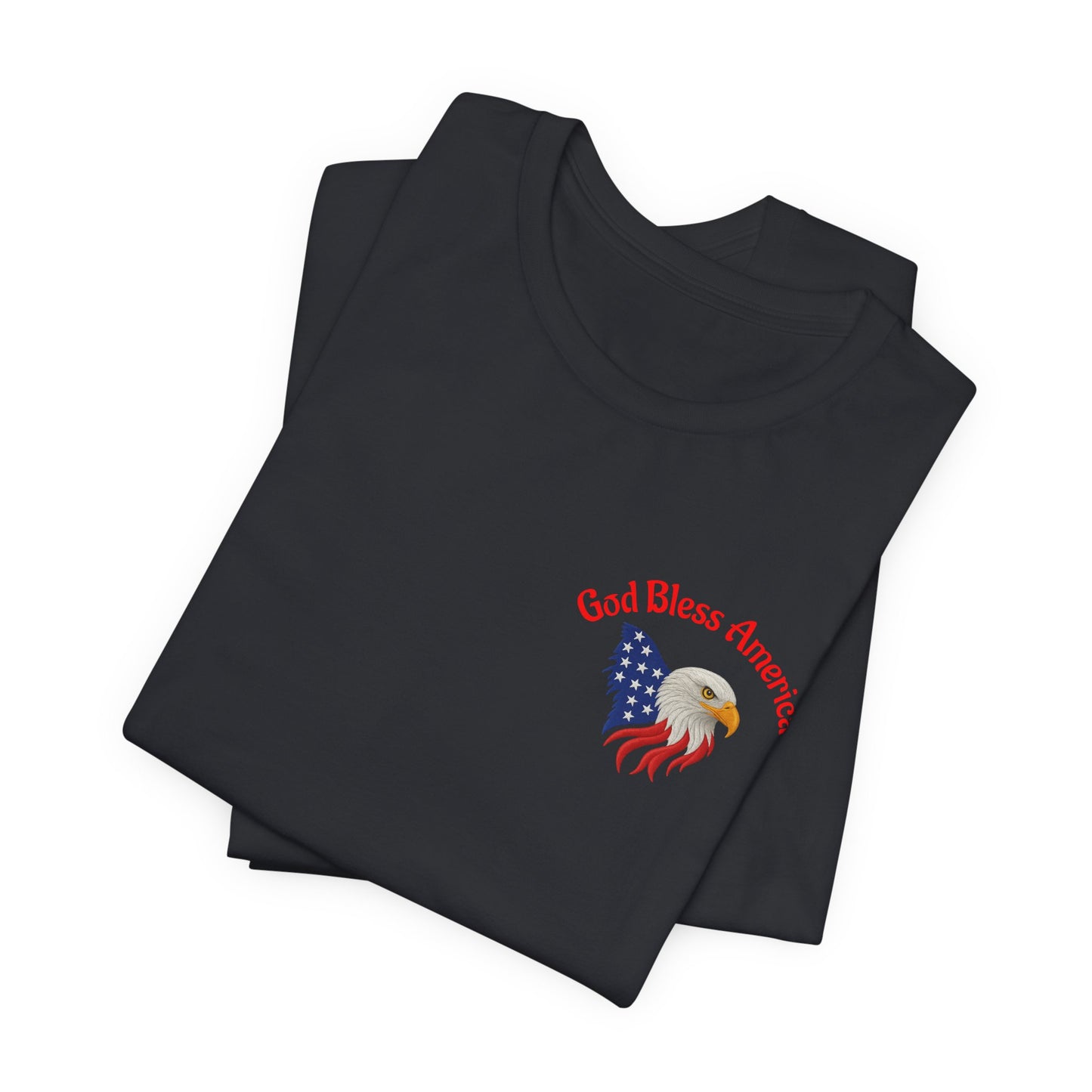 Black t-shirt with 'God Bless America' design featuring an eagle and American flag