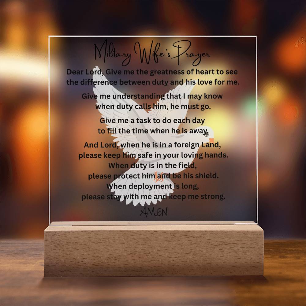 Military Wife's Prayer acrylic plaque LED wooden base tribute gift