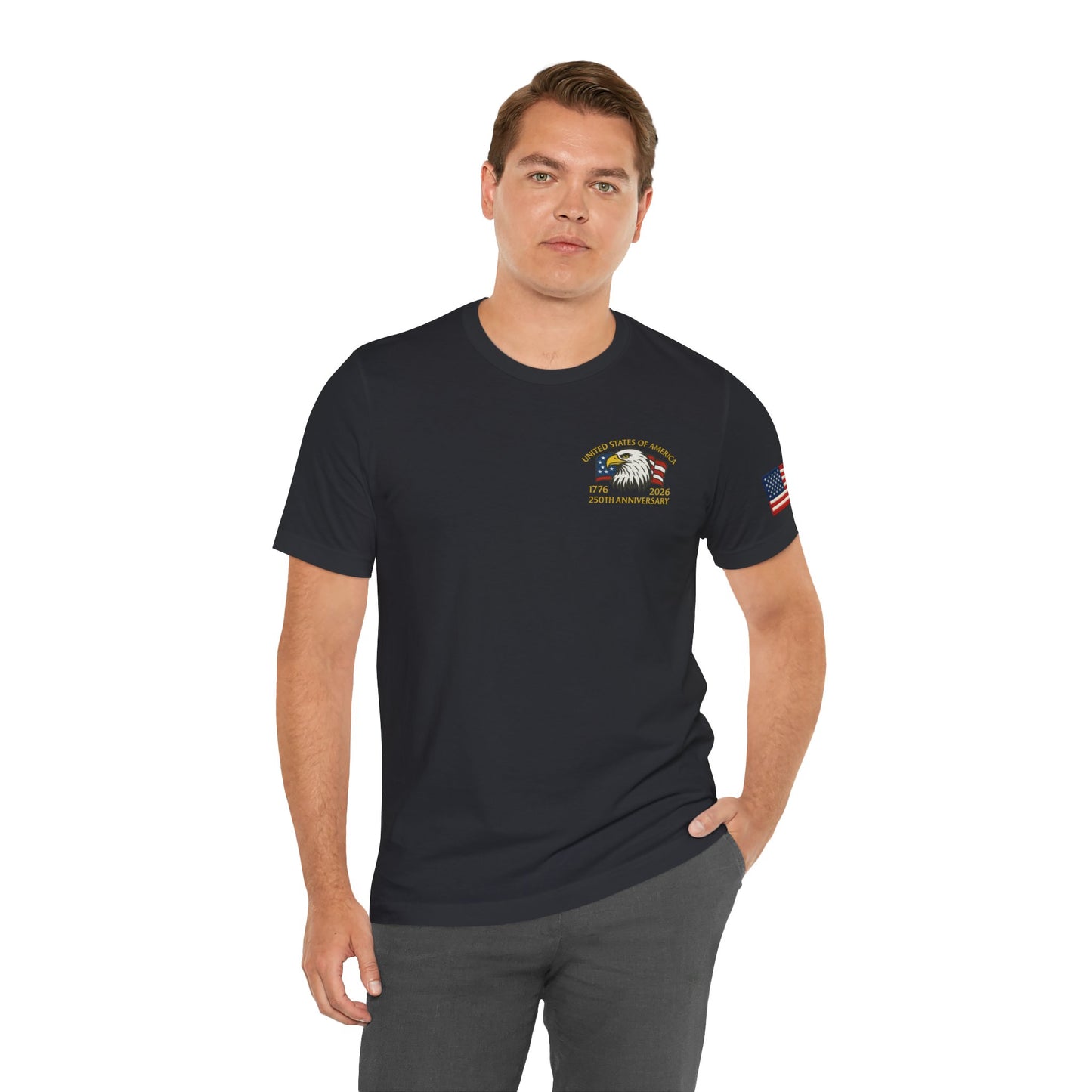 Man wearing a black t-shirt with a logo