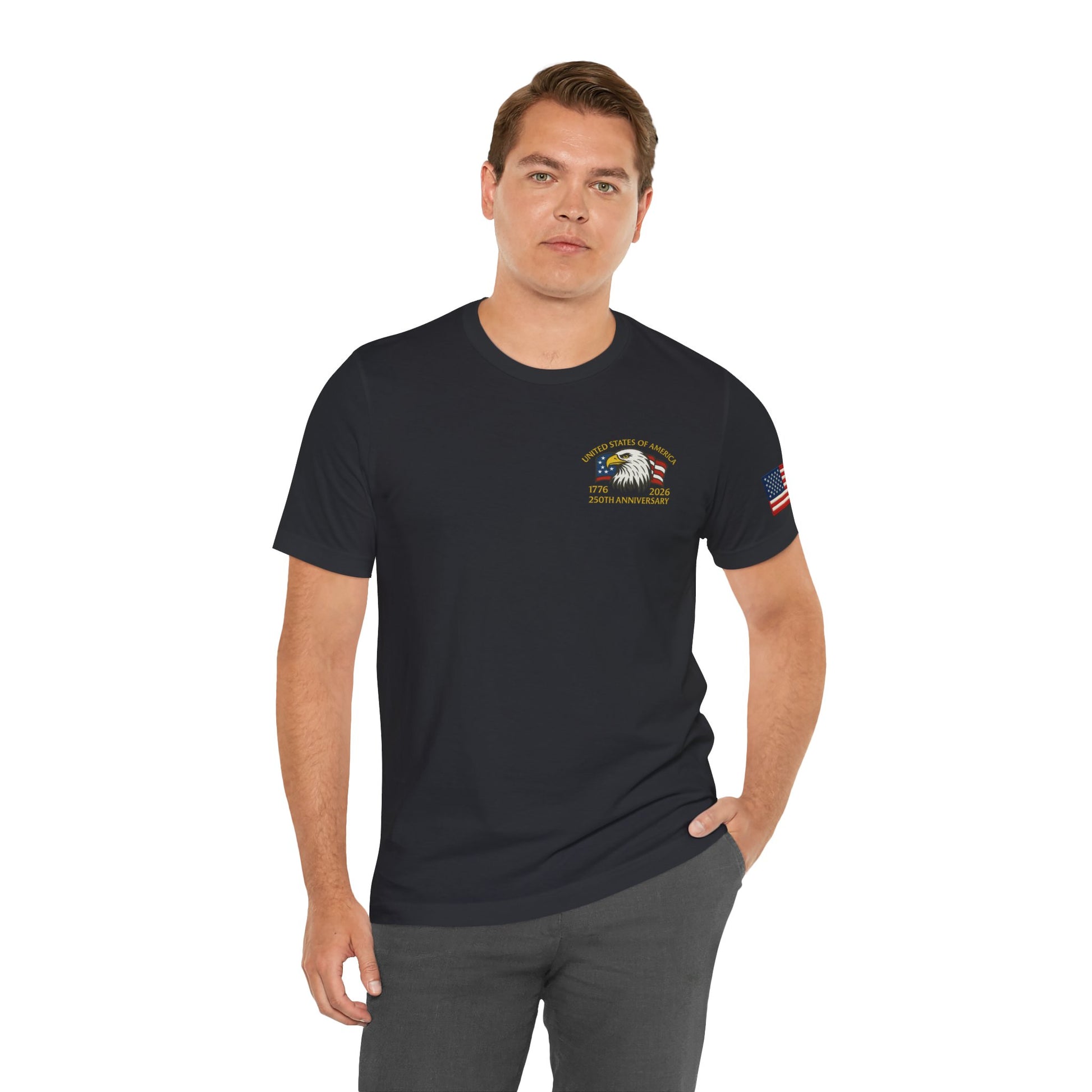 Man wearing a black t-shirt with a logo