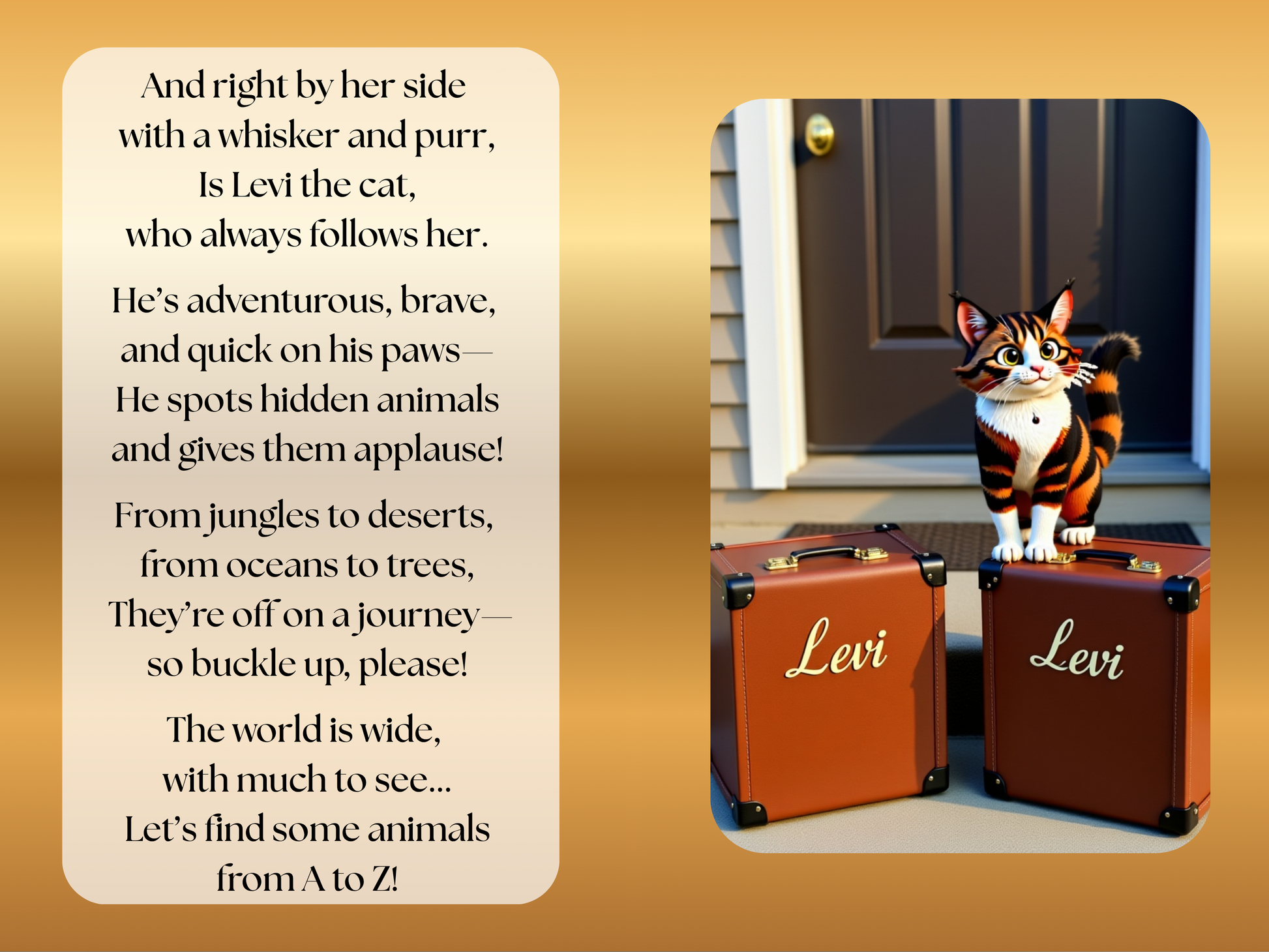 Pages with  Levi the Cat standing on two suitcases with a poem about the cat on the left.