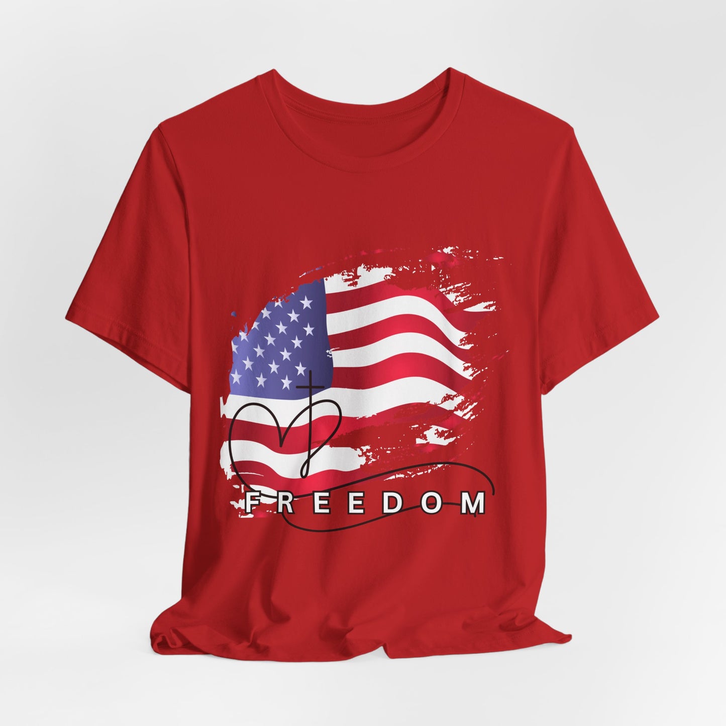 Red t-shirt with American flag and 'FREEDOM' text 