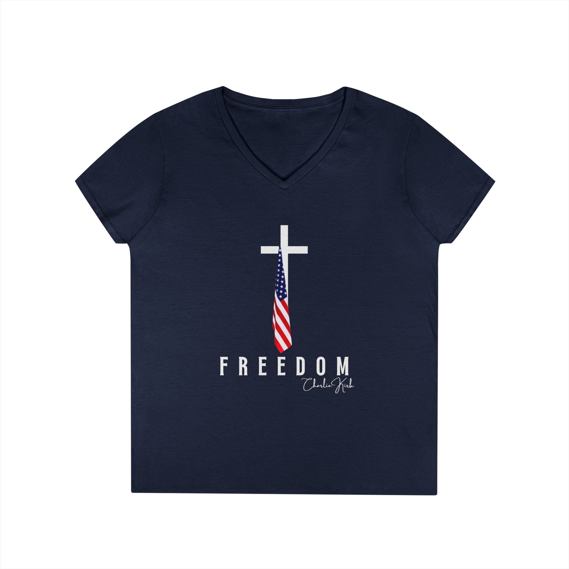 Navy blue t-shirt with a cross and American flag design on a white background