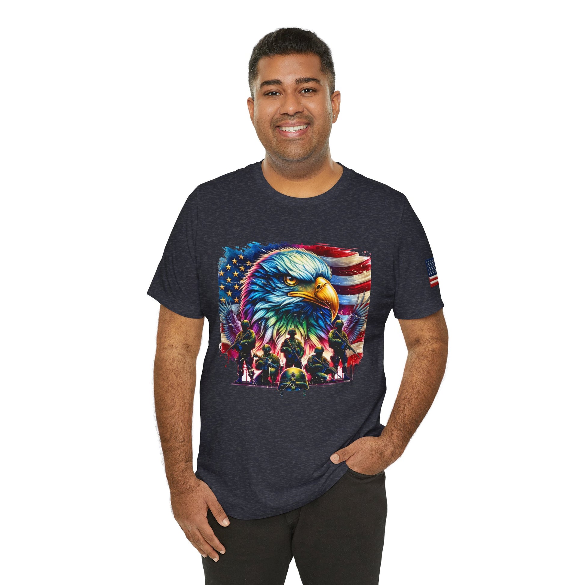 Man wearing a black t-shirt with a colorful eagle design