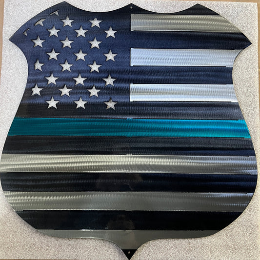 Police Thin Blue Line Medalion Metal Sculpture
