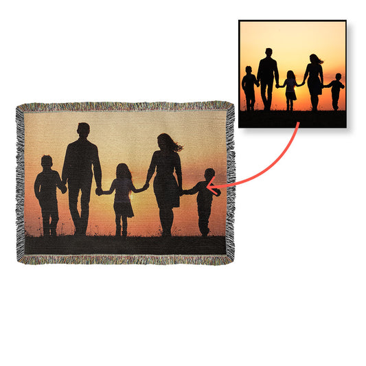 Personalized heirloom woven photo blanket with custom artwork